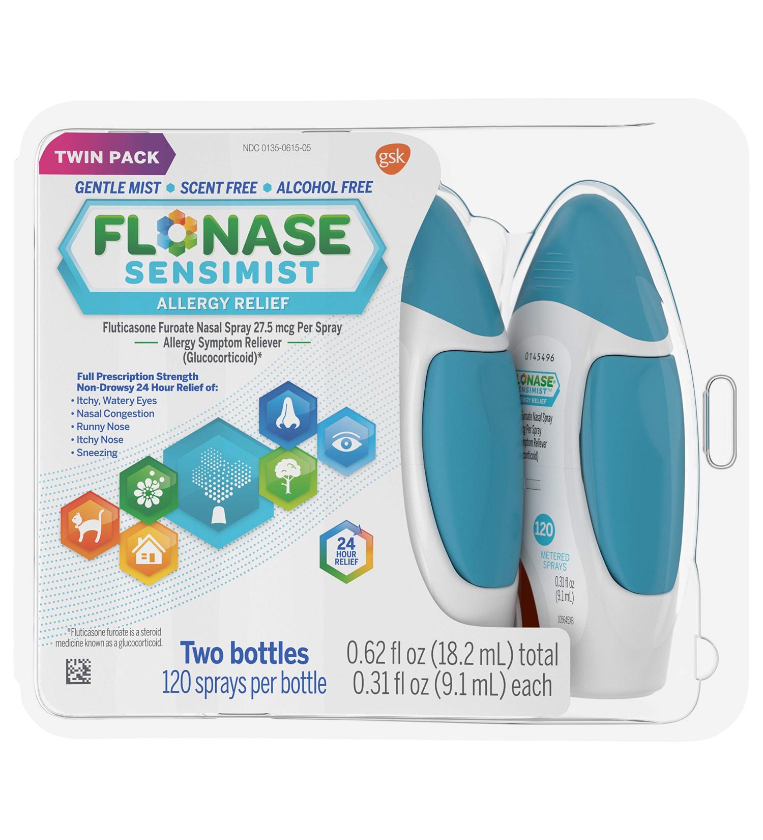 Flonase Sensimist Allergy Relief Nasal Spray, 240 Count 2 bottles(0.62fl.oz) of 0.31fl.oz