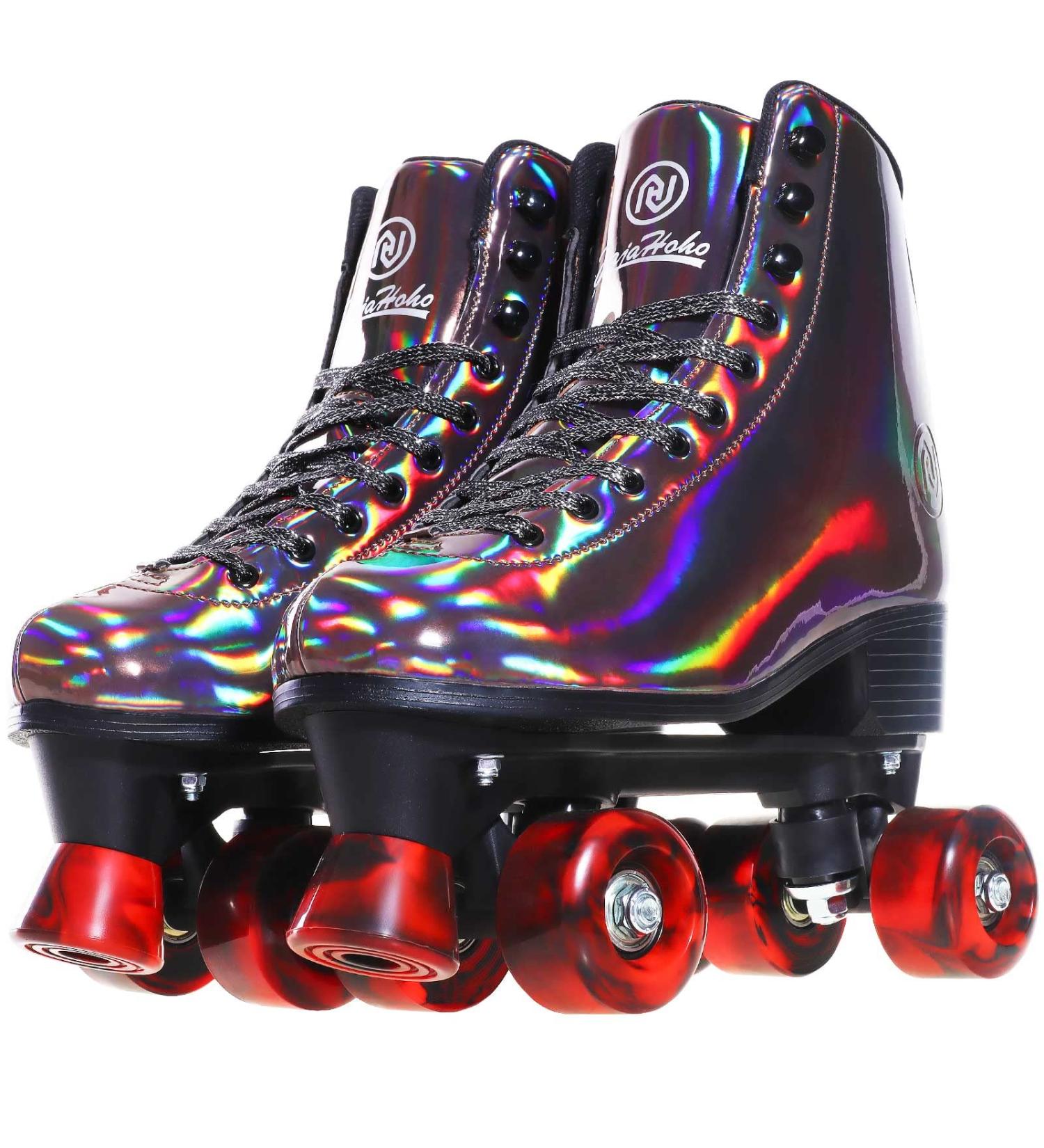 JajaHoho Women's Black Holographic High Top Roller Skates | Double-Row Quad Skates for Girls and Women, US 8 | Indoor Outdoor PU Leather Rollerskates - Buy Online on GoSupps.com