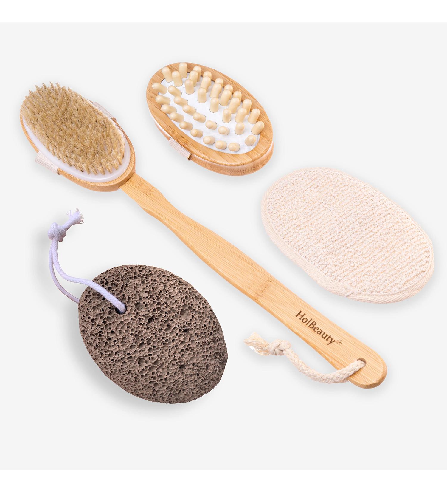 5-Part Body Brush Set - Shower Brush Massage Brush Loofah Sponge & Pumice Stone with Removable Bamboo Handle - Perfect Gift for Women - Buy Online on GoSupps.com