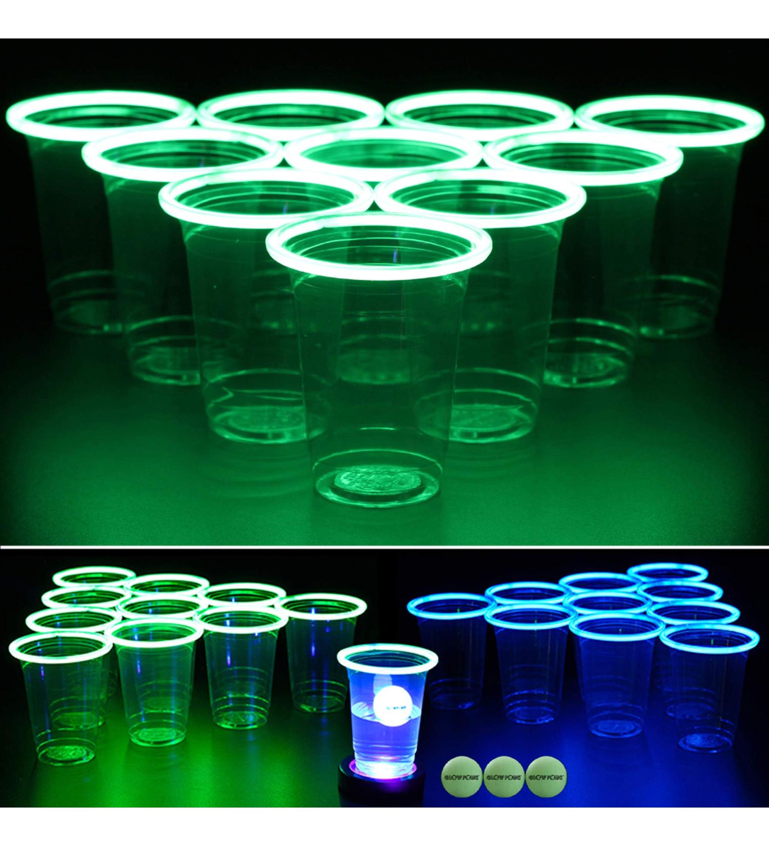 Green vs Blue Glow-in-The-Dark Beer Pong Game Set - 12 Cups, 4 Balls, Charging Unit - Indoor/Outdoor Nighttime Fun - Buy Online on GoSupps.com