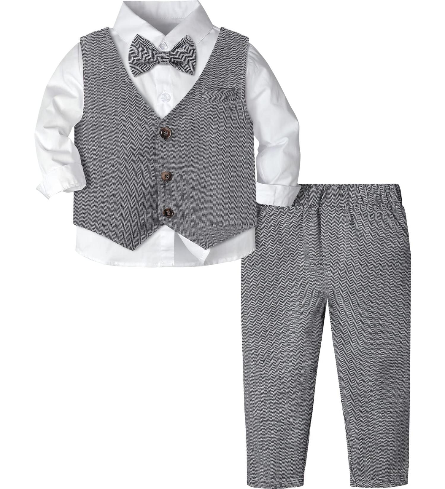 Mint Green Baby Boys Wedding Suit Set | Herringbone Tweed Outfit 1-4 Years | Dark Gray Christening Clothes with Shirt, Waistcoat, Trousers, Bow Tie - Buy Online on GoSupps.com