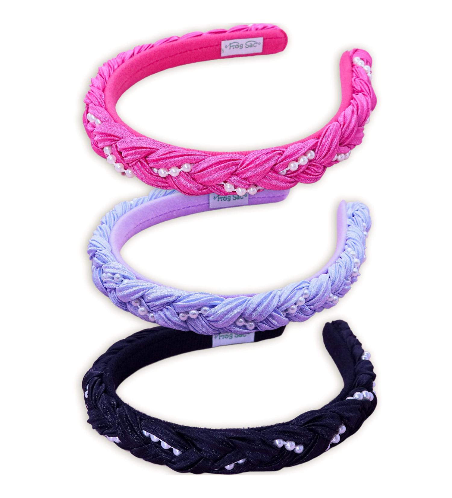 FROG SAC 3 Pearl Headbands for Girls - Satin Braided Hair Bands for Kids in Black, Purple, Pink - Cute Fashion Accessories with Pearls - Buy Online on GoSupps.com