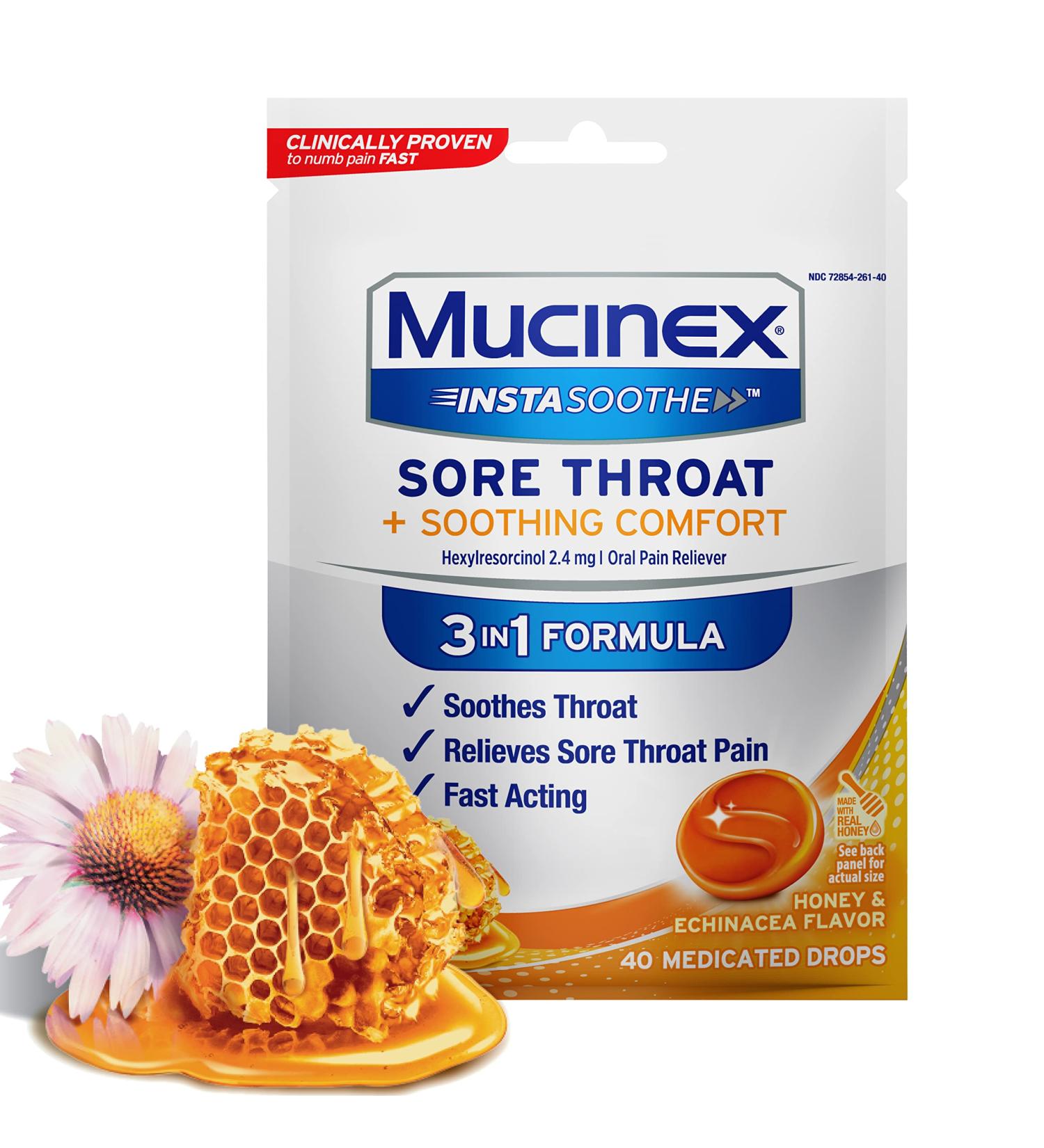Mucinex InstaSoothe Sore Throat Drops with Honey & Echinacea - Fast Acting Oral Pain Relief - Buy Online on GoSupps.com