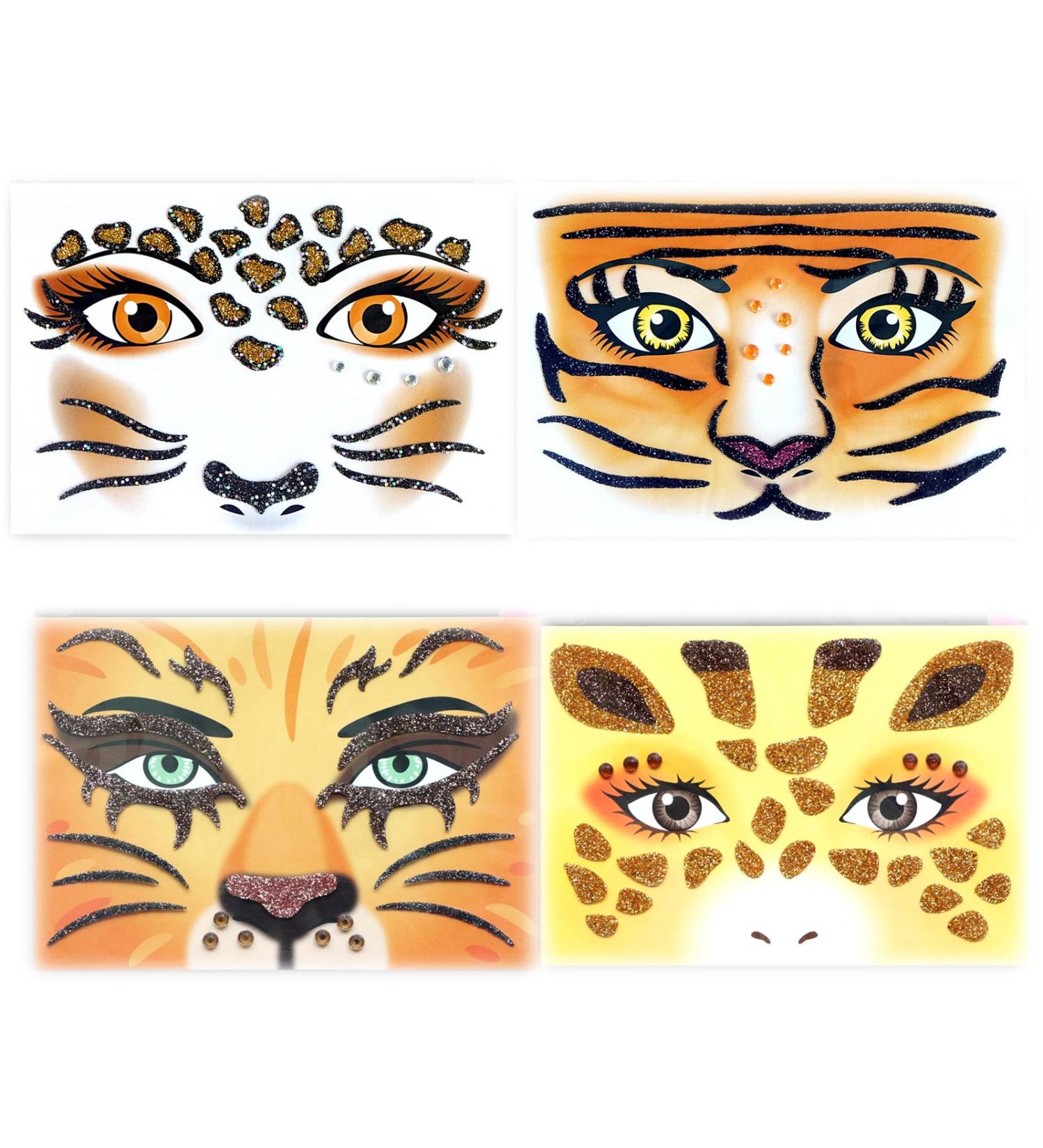Animal Face Sticker Set - Leopard Tiger Lion Giraffe | Floral Festival & Halloween Body Paint Decoration | 4 Sheets for Stage Performance - Buy Online on GoSupps.com