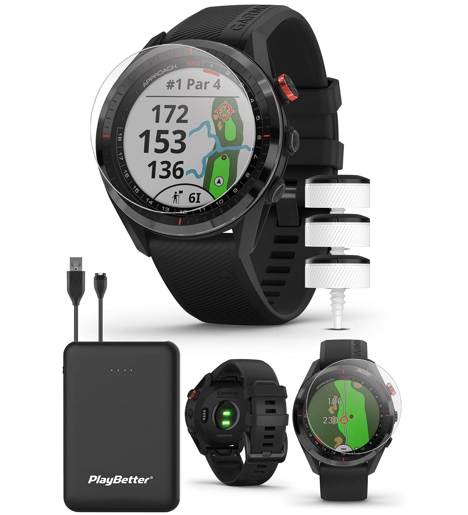 Garmin Approach S62 (Black) Golf GPS Watch Bundle with CT10 Game Tracker Sensors - Touchscreen, Virtual Caddie, Heart Rate Monitor, 2022 Edition + Portable Charger & Screen Protectors - Buy Online on GoSupps.com