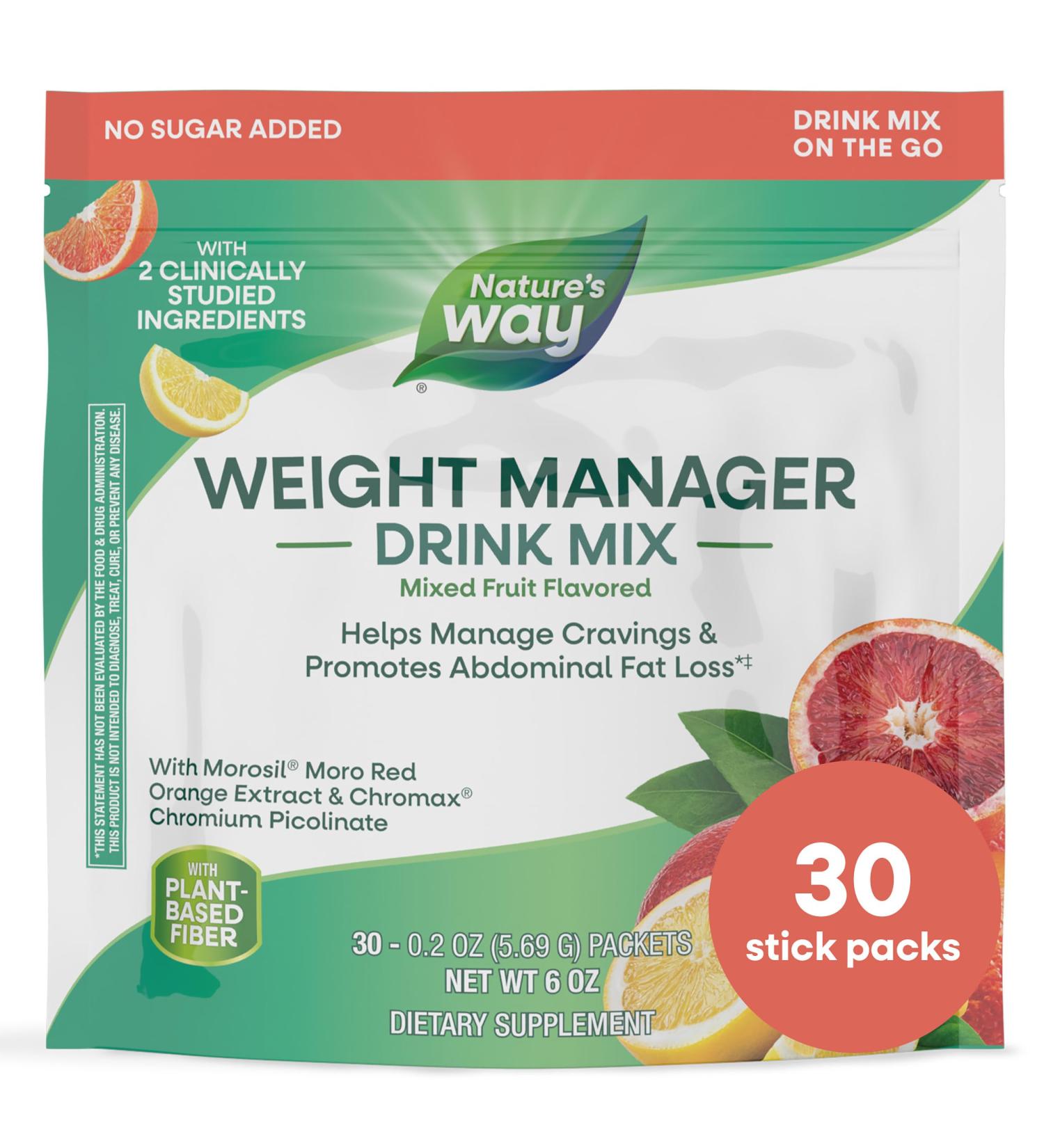 Nature's Way Weight Manager Drink Mix Packets Supports Craving Management & Abdominal Fat Loss*(1) with Clinically Studied Ingredients Plant-Based Fiber No Sugar Mixed Fruit Flavored 30 Packets - Buy Online on GoSupps.com