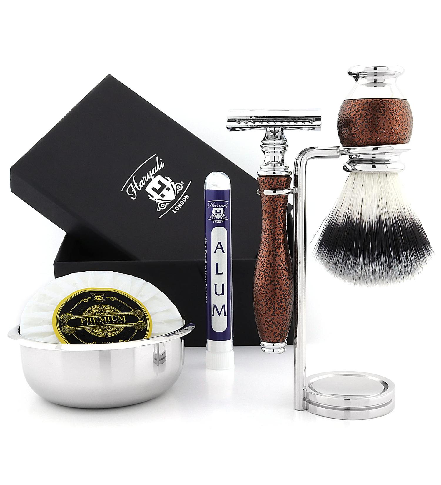 Haryali London 5 Pc Double Edge Safety Razor Shaving Kit - Antique Maroon Color Set with Synthetic Hair Brush, Soap, Bowl, Stand - Perfect Gift - Buy Online on GoSupps.com
