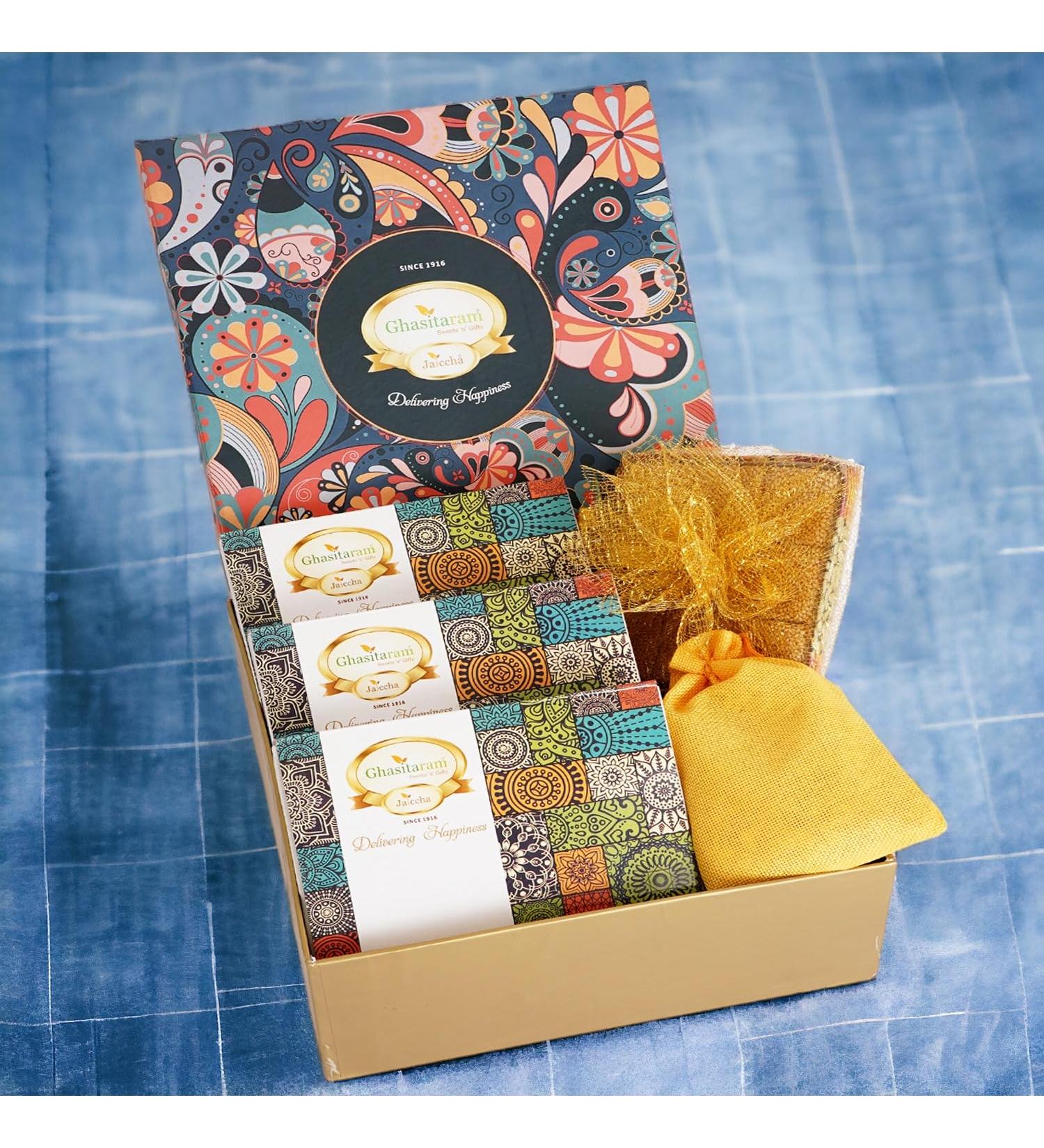 Ghasitaram Gifts Jaiccha Lohri Sweets Gachak hampers Lohri Hamper Big Box of Til Laddoo Khajoor Gachak Revadi and Til Chikki - Buy Online on GoSupps.com