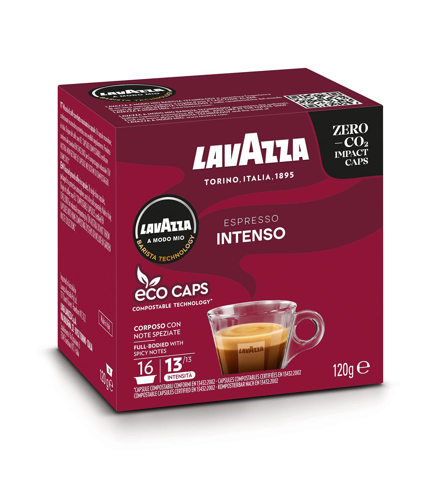Lavazza A Modo Mio Espresso Intenso Coffee Capsules - 16 Count Pack | Intensity 13 Arabica and Robusta Blend | Spicy Notes | Medium-Dark Roasting | Compostable Pods - Buy Online on GoSupps.com