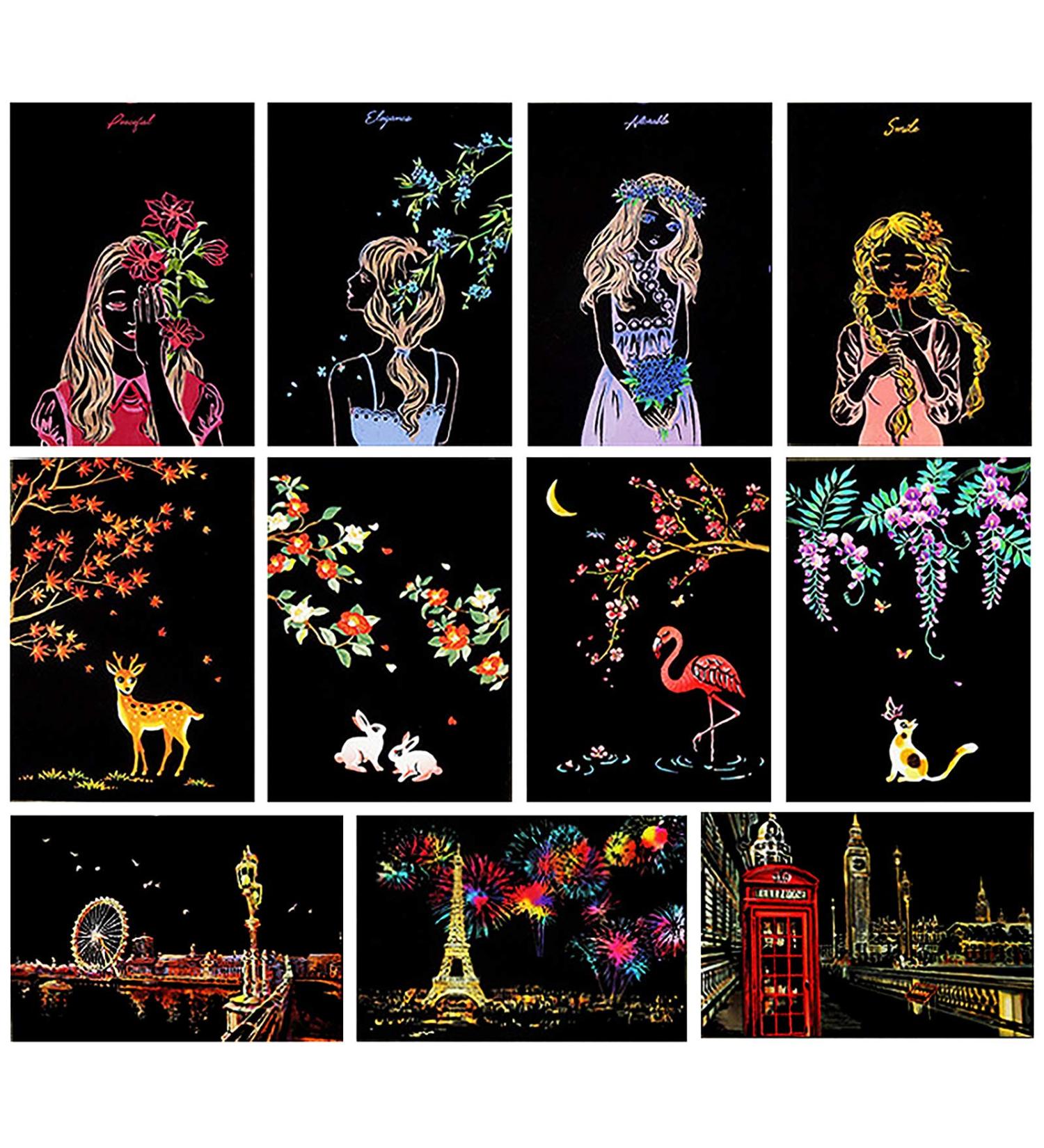 Magic Scratch Art Paper Set - Rainbow Landscape Engraving Pads for Adults & Kids - 12 Sheets Postcards, Pens & Brush Included (City Living) - Buy Online on GoSupps.com