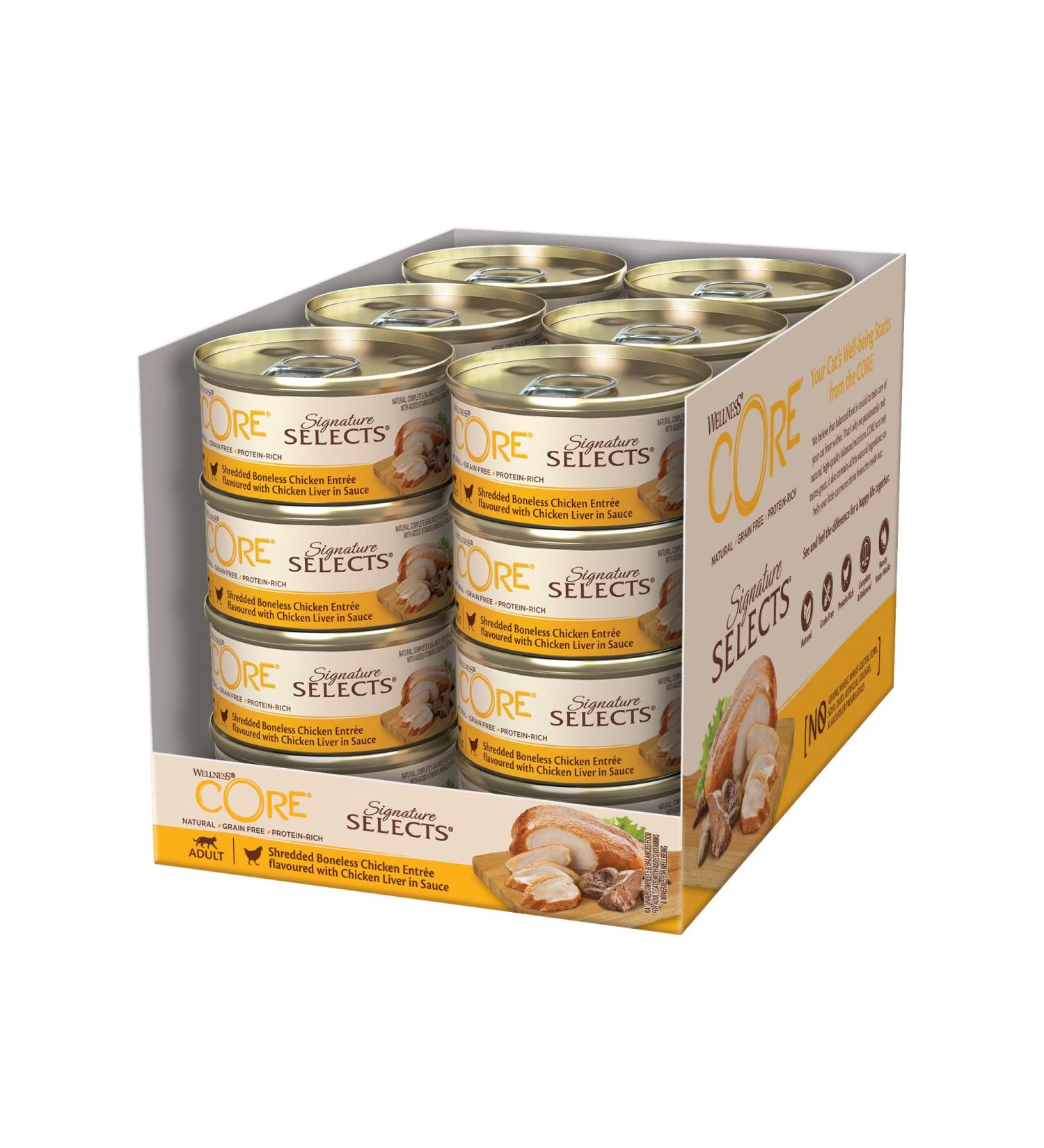 Wellness Core Signature Selects Grain-Free Wet Cat Food with Chicken & Liver - 24 x 79g Shredded - High Meat Content - Healthy Nutrition for Cats - Buy Online on GoSupps.com