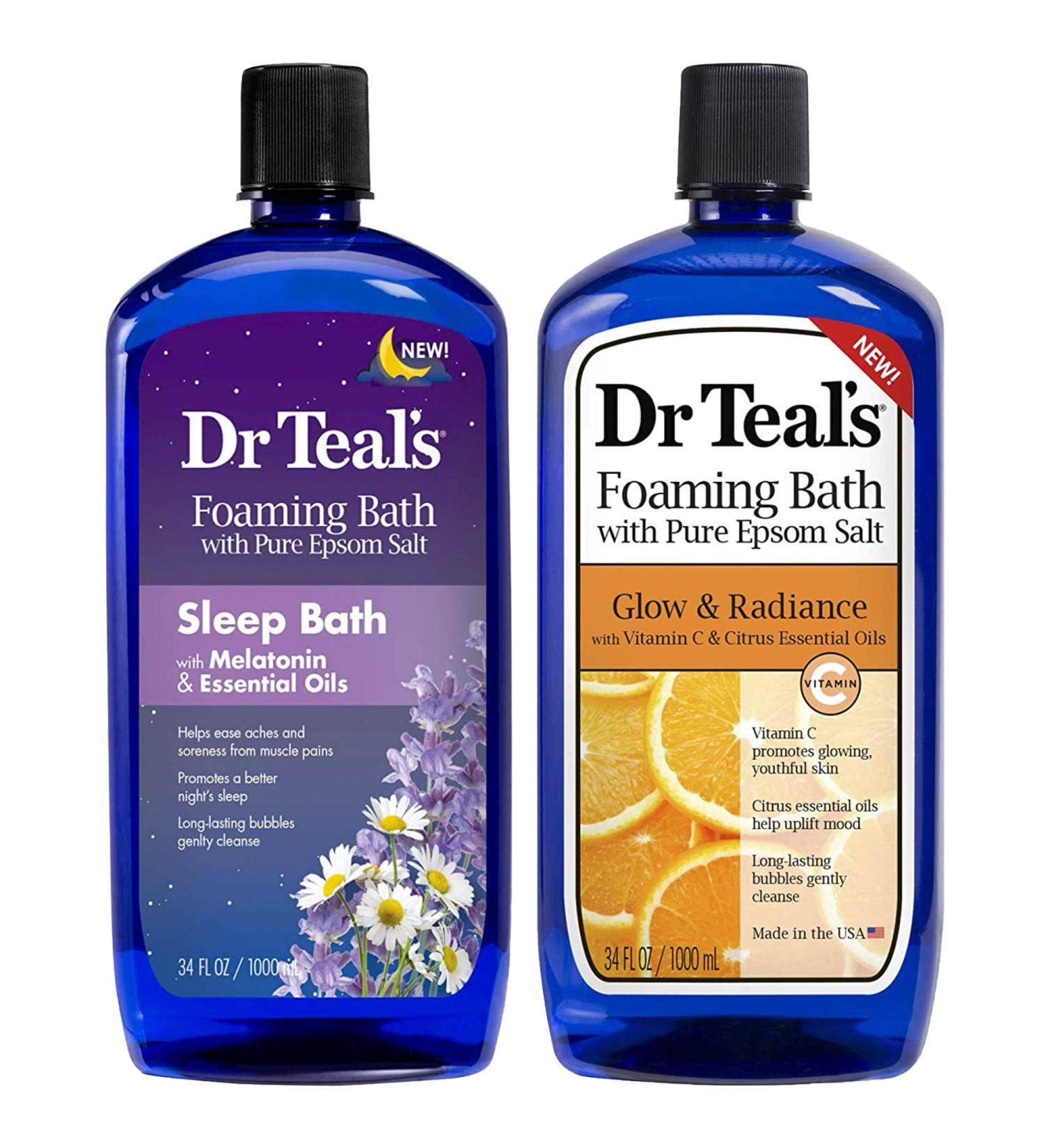 Dr Teal's Foaming Bath Combo Pack (68 fl oz Total), Melatonin Sleep Soak, and Glow & Radiance with Vitamin C and Citrus Essential Oils