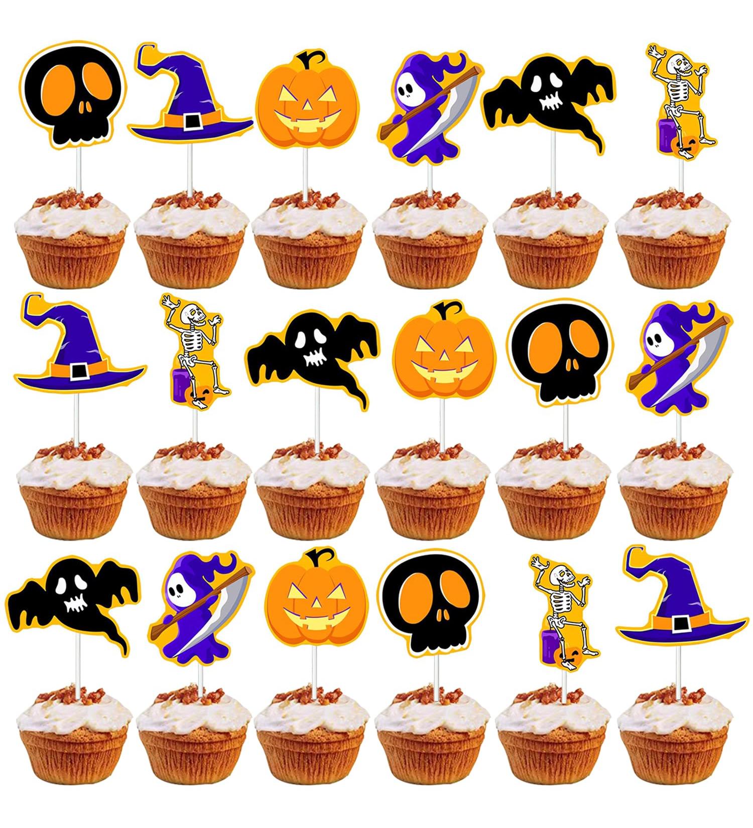 iUgeeo 24 pcs Halloween Cupcake Toppers Pumpkin Ghost Skeleton Witch Hat Grim Reaper Halloween Party Cake Topper Muffin Decoration Party Supply Orange&black - Buy Online on GoSupps.com