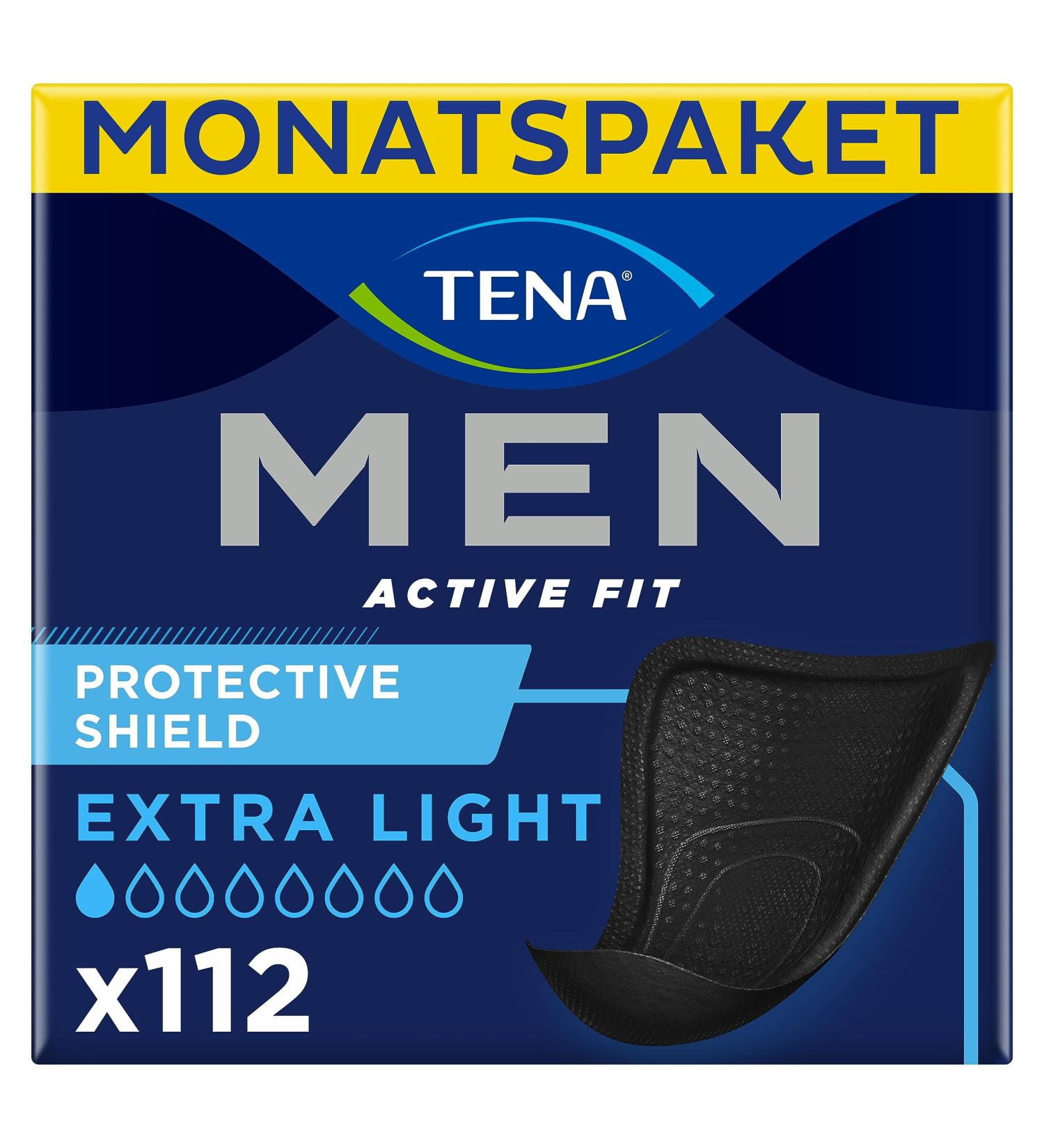 TENA MEN Protective Shield Extra Light - 112 Individually Packaged Hygienic Inlays for Men - Ultra-Thin Urine Protection - Monthly Supply (8 x 14) - Black - Buy Online on GoSupps.com