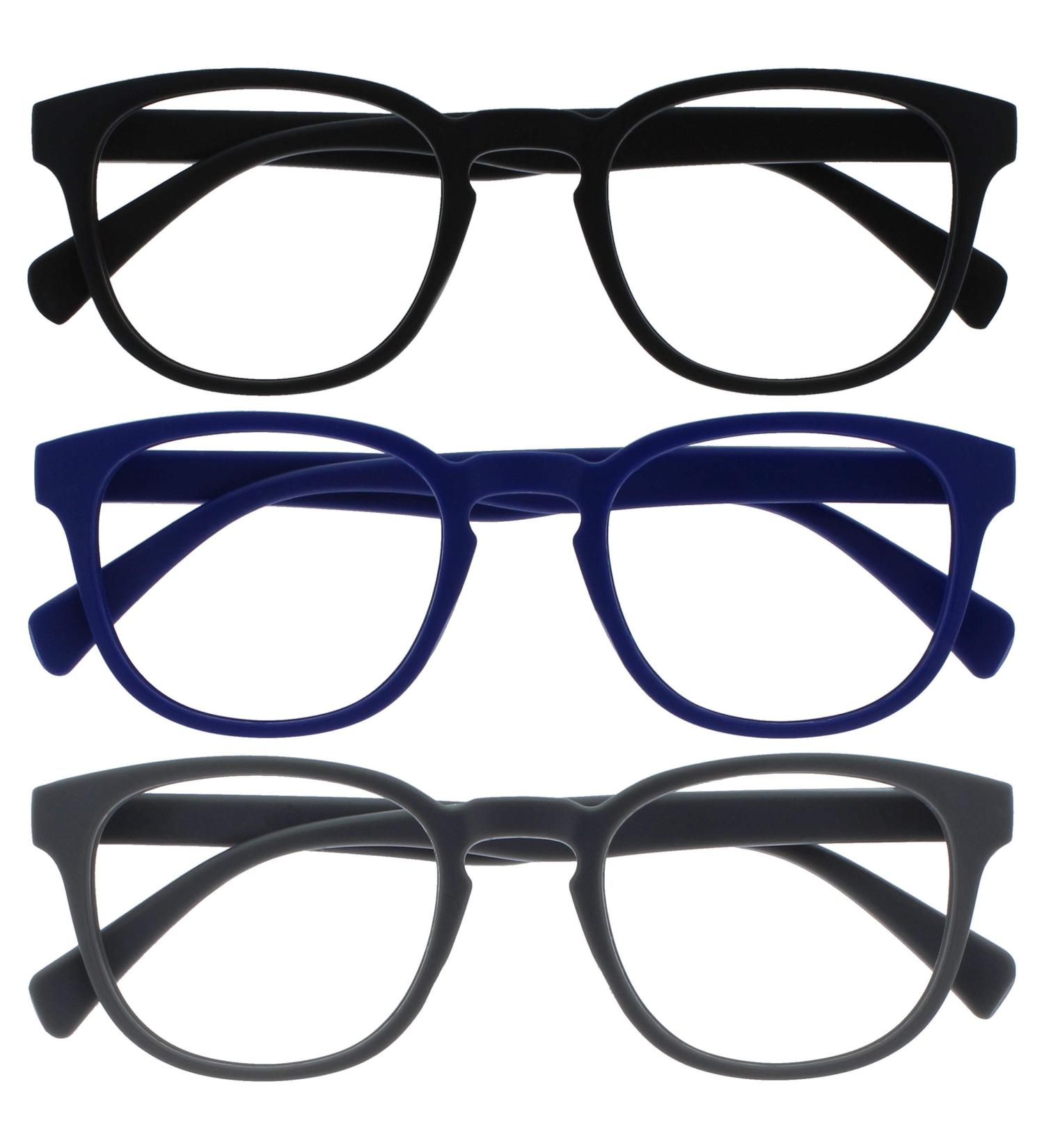 Opulize Pop Reading Glasses 3 Pack - Matte Round Frames Scratch-Resistant Spring Hinges - Stylish Black Blue & Gray for Men & Women (+2.00 Diopters) - Buy Online on GoSupps.com