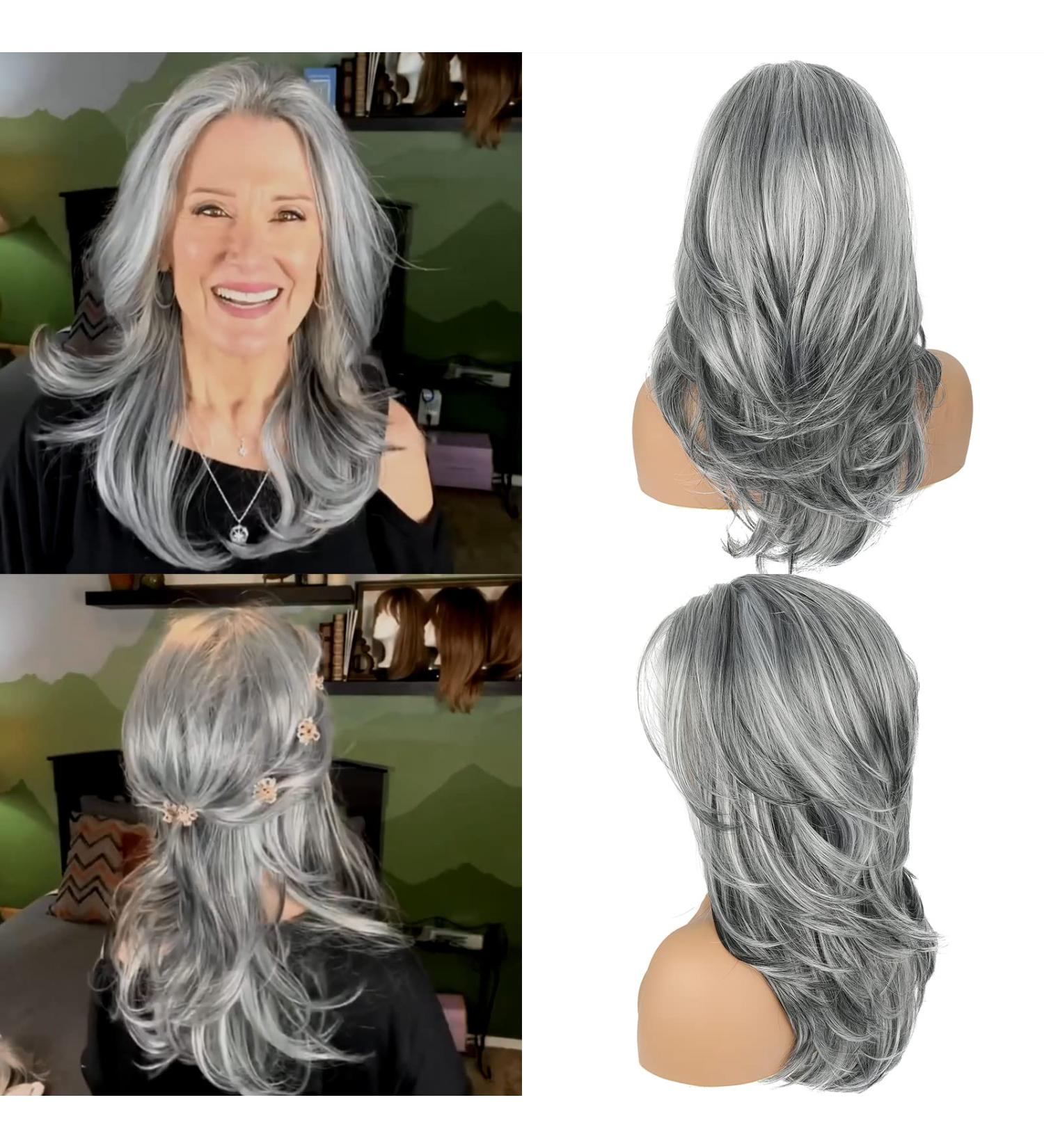 Long Layered Grey Wavy Wig - Natural Looking Heat Resistant Synthetic Hair for Women, Perfect for Daily and Party Use - Buy Online on GoSupps.com