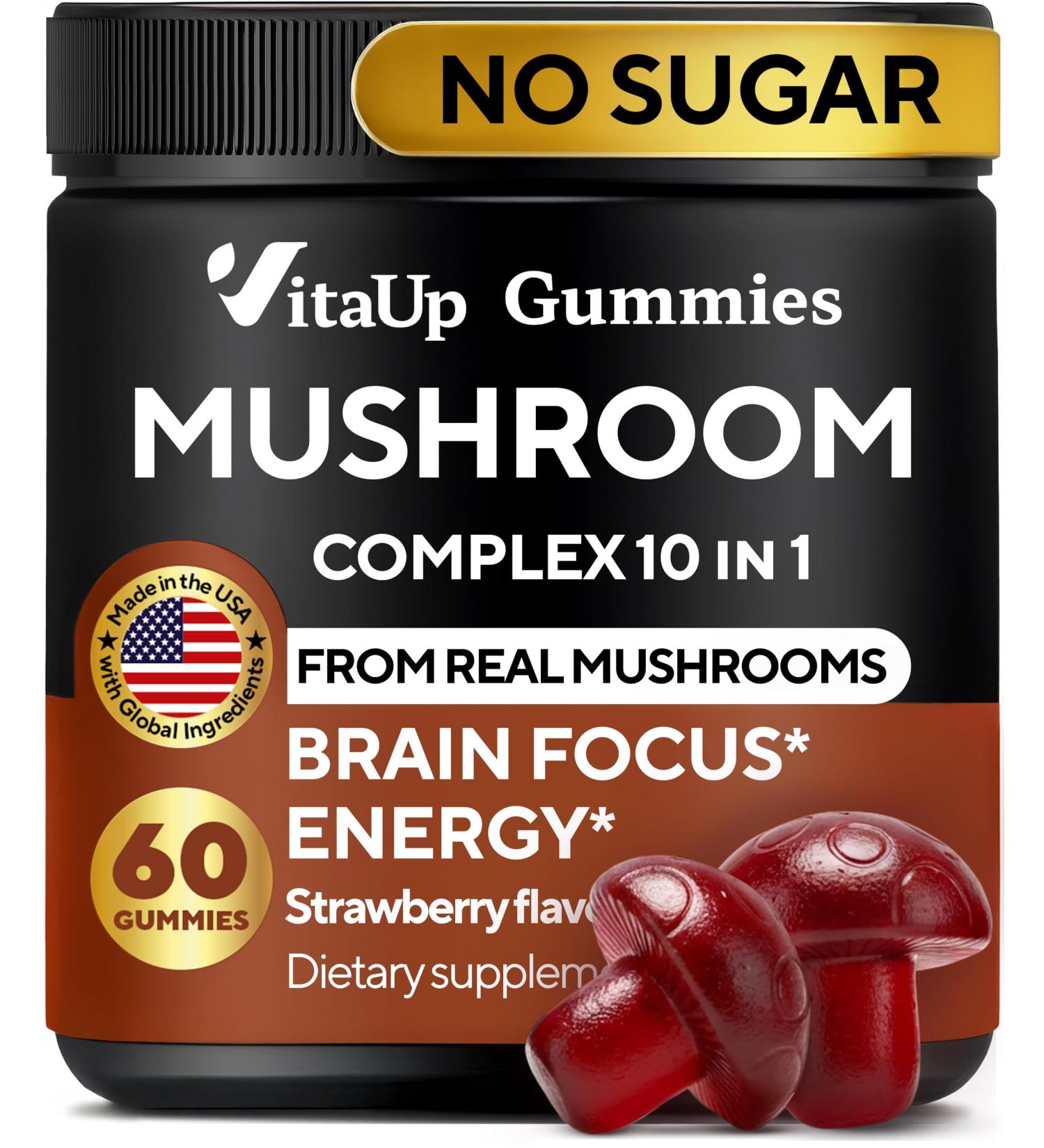 VitaUp Mushroom Gummies for Adults - USA Made 10 in 1 Mushroom Supplement - Mushroom Complex with Lions Mane Cordyceps Turkey Tail Reishi Shiitake for Cognitive & Immune Support - 60 Count - Buy Online on GoSupps.com