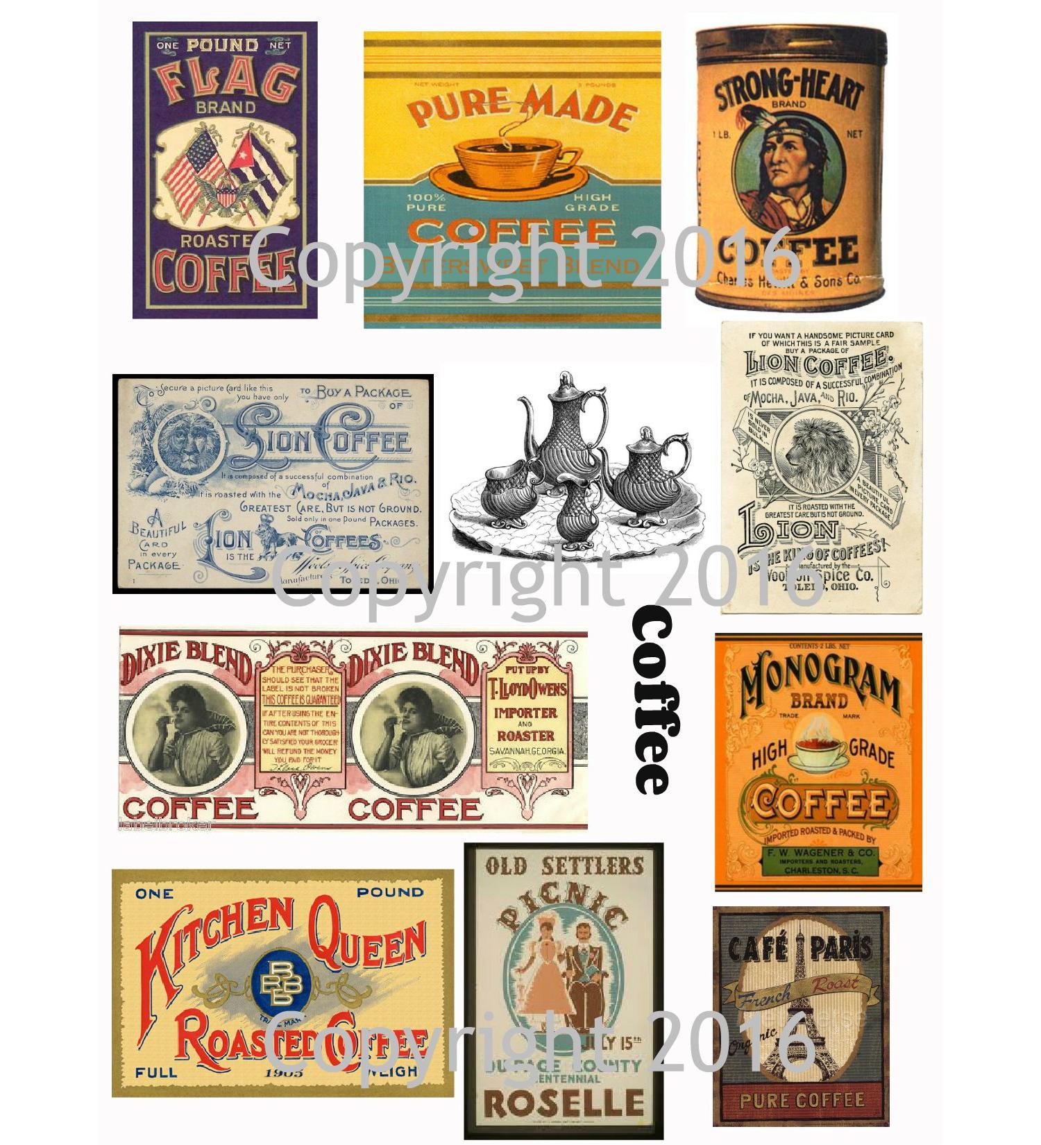 Assorted Vintage Ephemera Coffee Label Images #2 on Collage Sheet for Photo Art, Scrapbooking, Collage, Decoupage