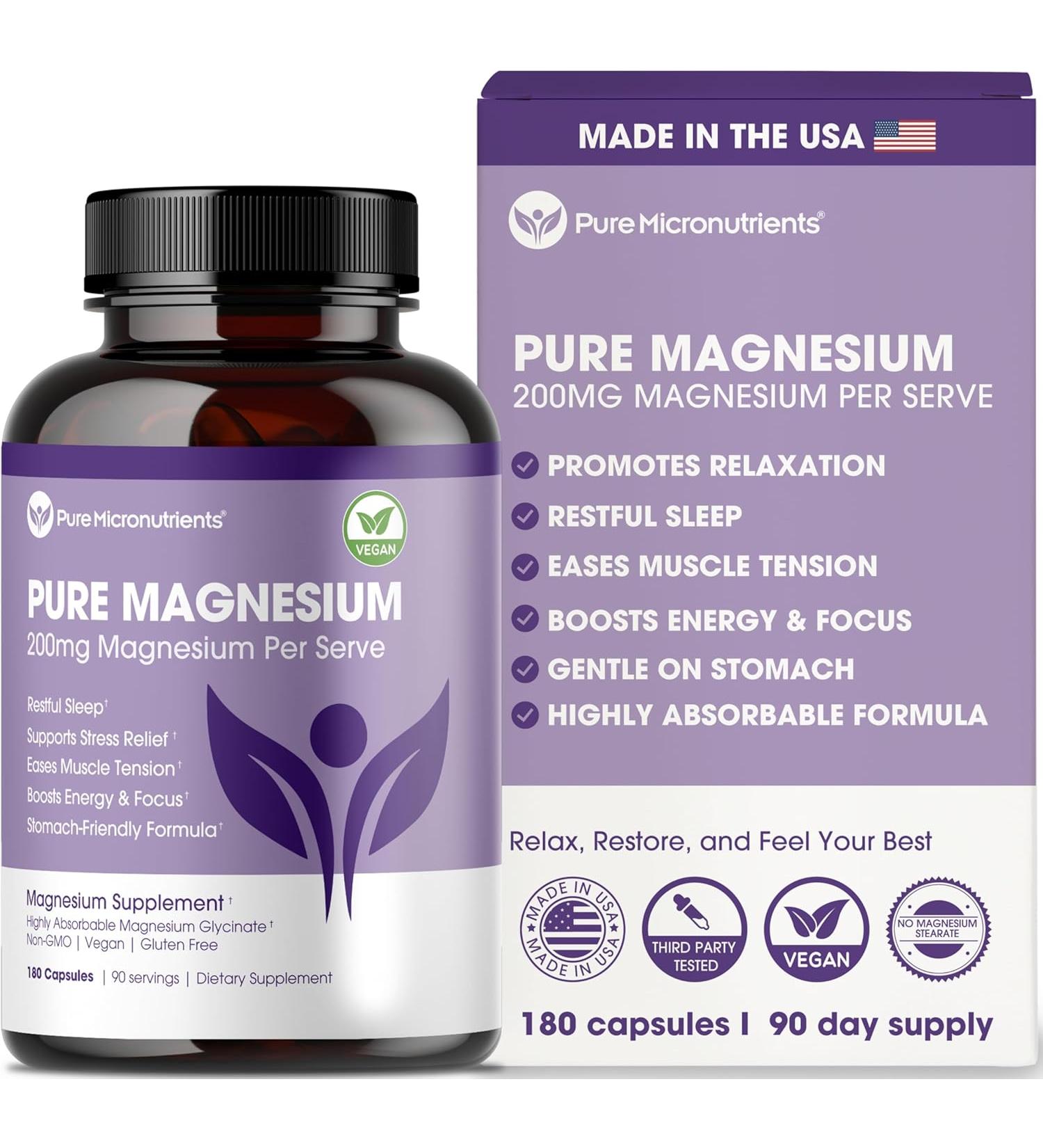 Pure Micronutrients Magnesium Glycinate 200mg Supplement - 180 Count Chelated Capsules - Buy Online on GoSupps.com