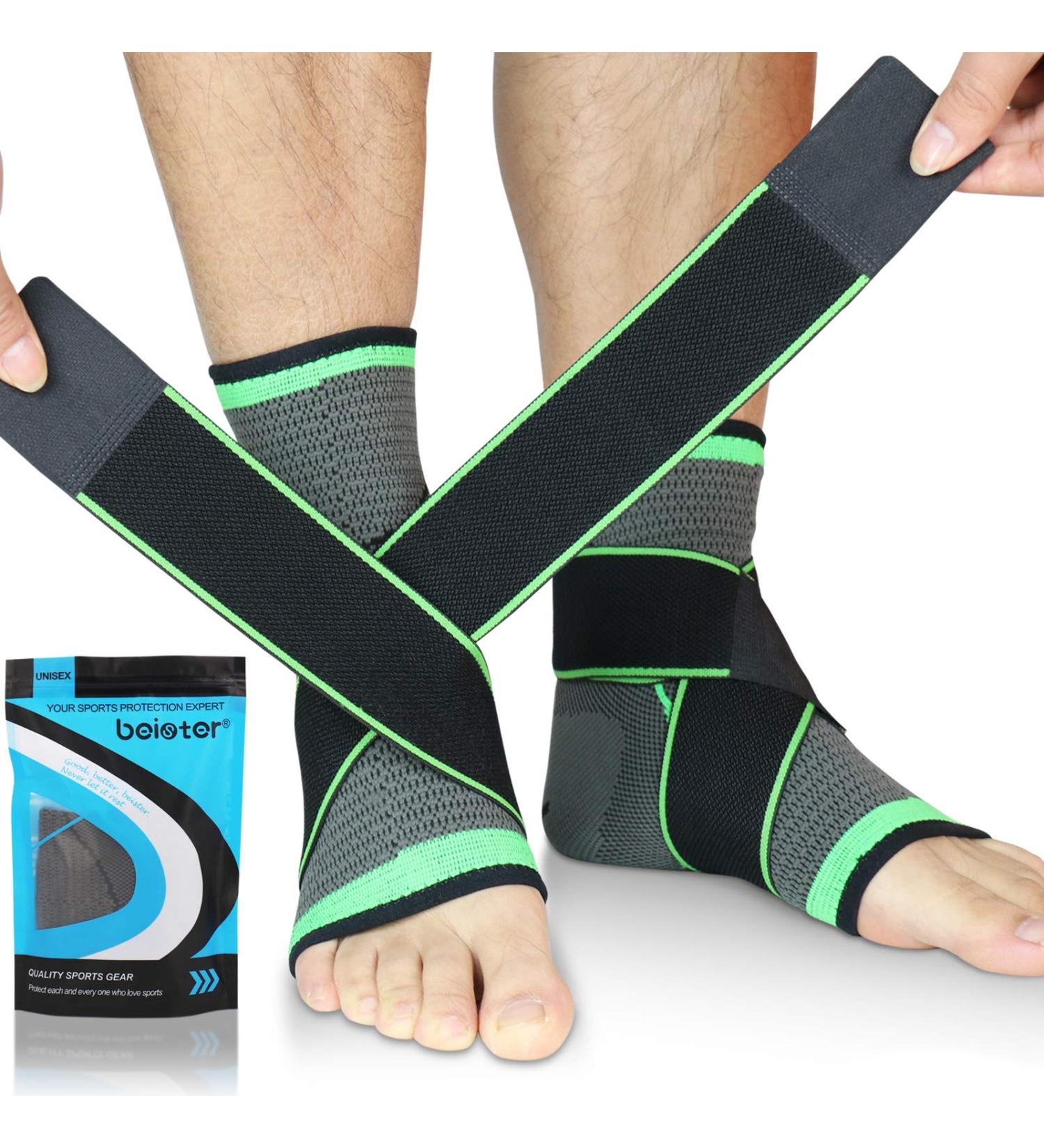 Beister Ankle Brace Compression Support Sleeve - 1 Pair, M Gray & Green | For Men and Women - Sprain, Plantar Fasciitis, Joint Pain Relief - Buy Online on GoSupps.com