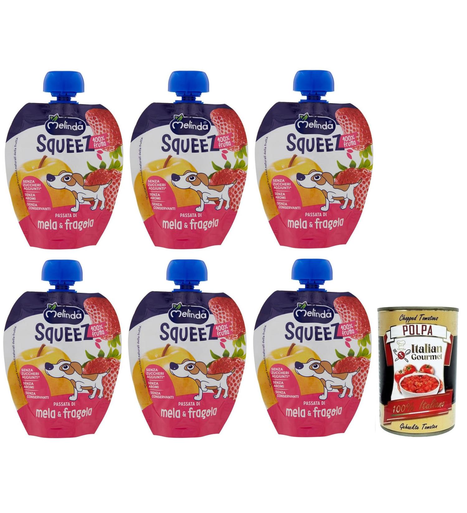 Italian Gourmet E.R. Melinda Mela Fragola Squeez 6-pack of 100% apple and strawberry fruit purees (90g each) + 400g box - Buy Online on GoSupps.com