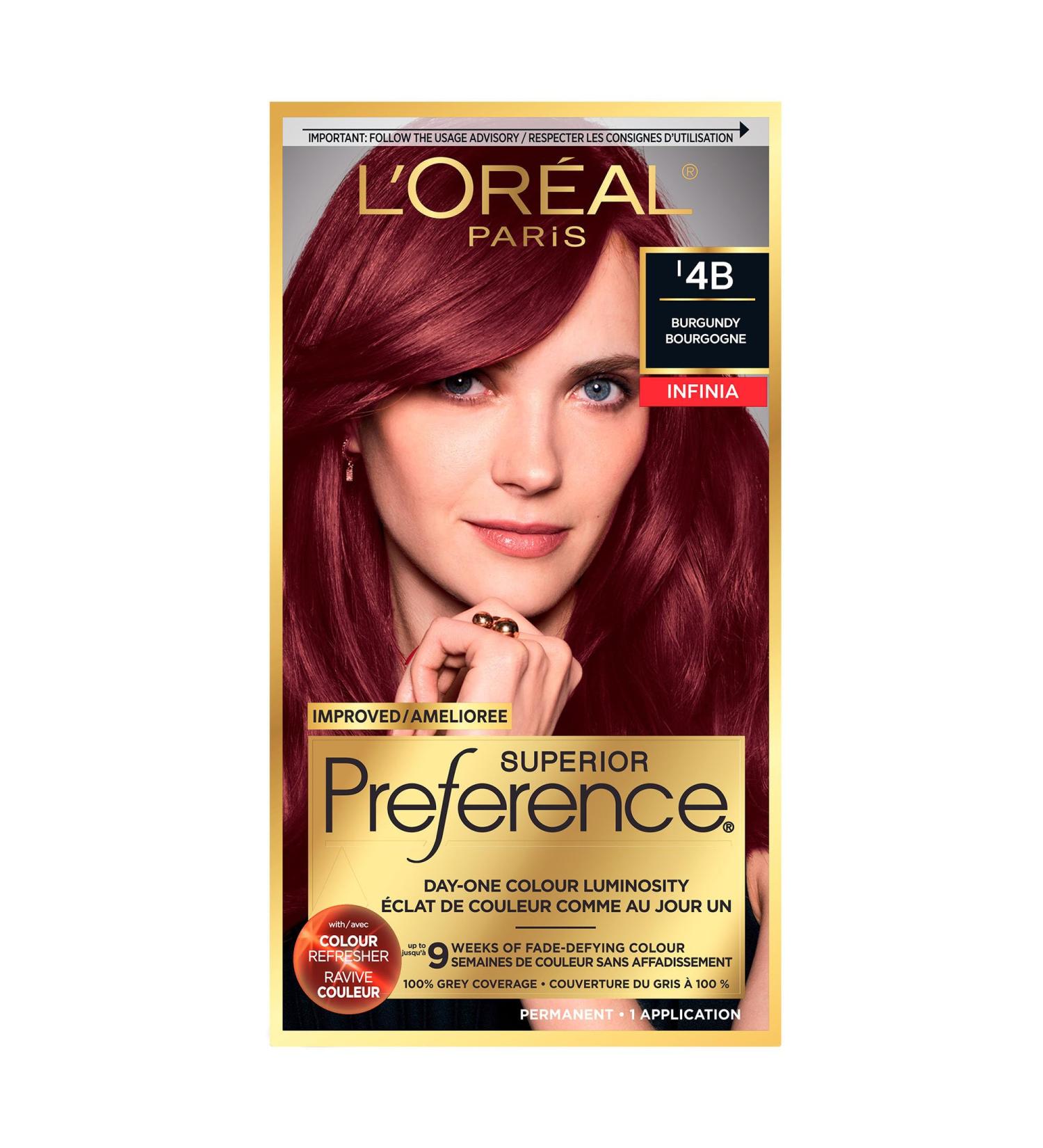 L'Oreal Paris Superior Preference 9 weeks of Luminous Fade-Defying Permanent Hair Dye 4B Burgundy 100% Grey Coverage 1 Hair Dye Kit (Packaging May Vary) Burgundy 3 Piece Set - Buy Online on GoSupps.com