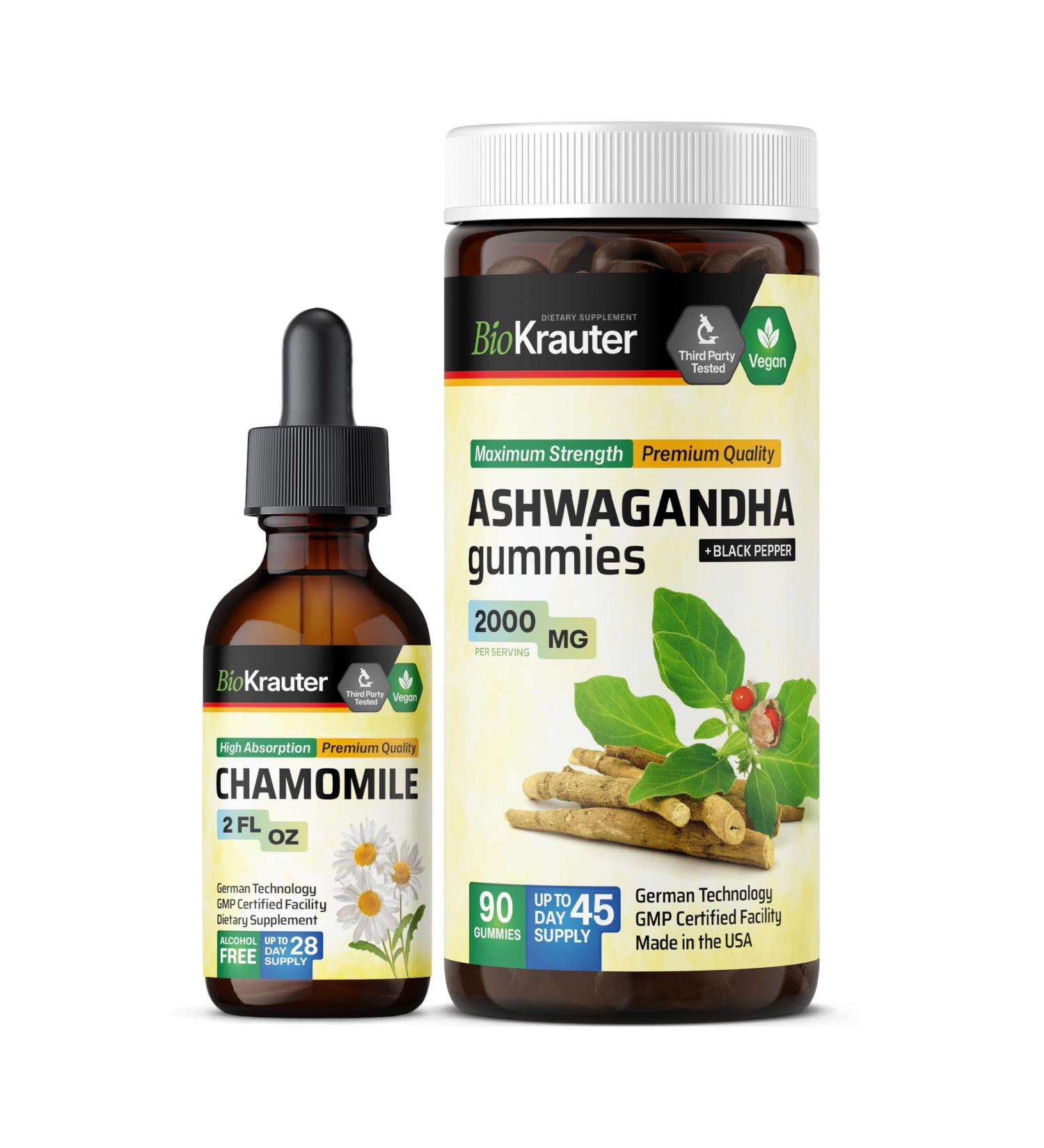 BIO KRAUTER Chamomile Tincture 2 Fl. Oz. & Ashwagandha 90 Gummies - Buy Online on GoSupps.com
