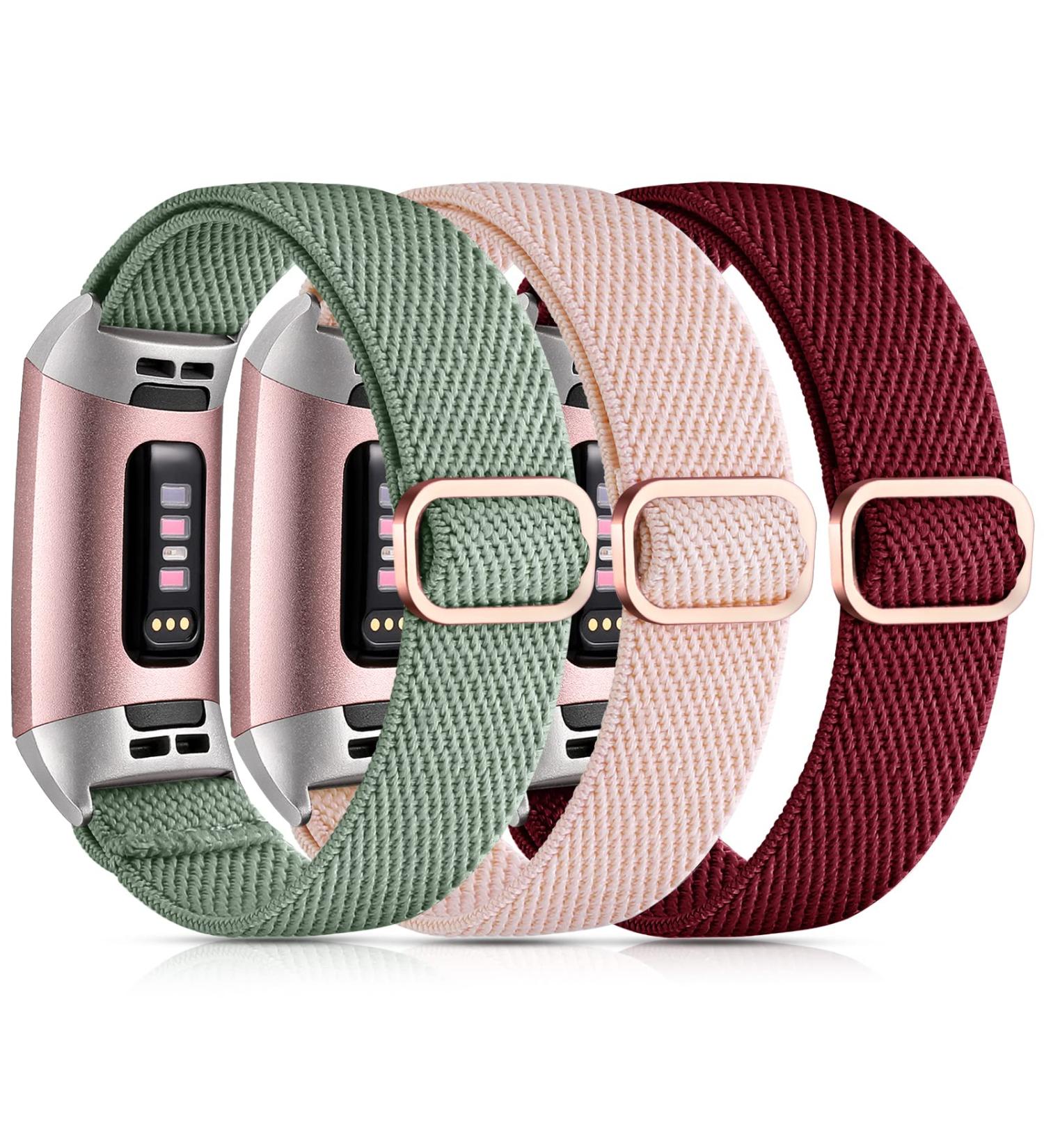 Epova 3-Piece Nylon Bracelet for Fitbit Charge 3 & 4 - Breathable Adjustable Stretchy Replacement Bands in Pine Green Sand Pink & Winerot - Buy Online on GoSupps.com