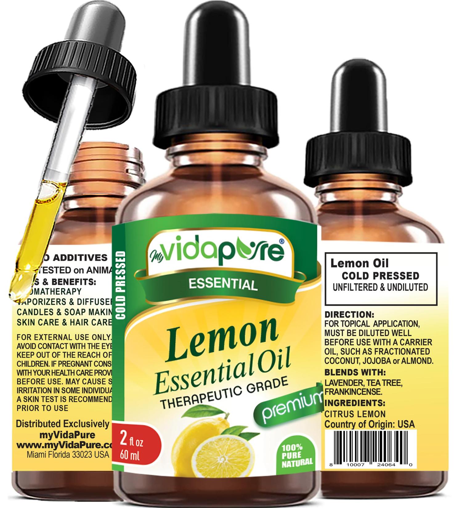 myVidaPure Lemon Essential Oil 100% Pure Natural Undiluted 2 fl oz- 60 ml for Beauty Skin Hair Aromatherapy Soaps Candles Reed Diffusers Perfume