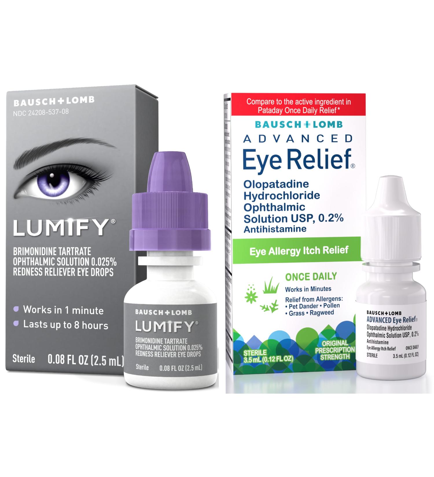 Bausch + Lomb Lumify Eye Drops 0.08 fl oz + Advanced Eye Relief Allergy Drops 0.12 fl oz Dual Relief System for Red Itchy Irritated Eyes - Buy Online on GoSupps.com