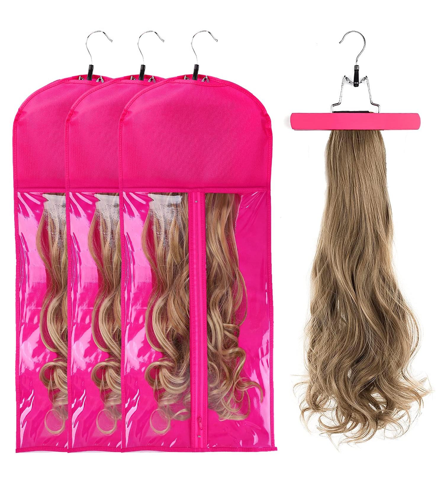 3PCS Extra Long Rose Wig Storage Bags with Wooden Hanger - Portable, Dust-proof, Transparent Zip Up Hair Extension Organizer - Buy Online on GoSupps.com