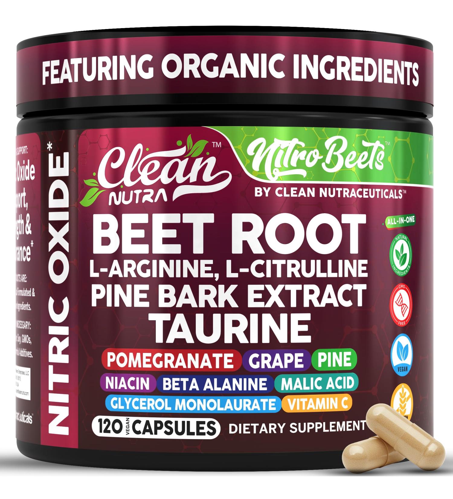 Clean Nutra Organic Beet Root Capsules L Arginine L Citrulline Pine Bark Nitric Oxide Beetroot Powder Arginine Citrulline Supplement Pre Workout Supplements Extract 120 Vegan Pills - Buy Online on GoSupps.com