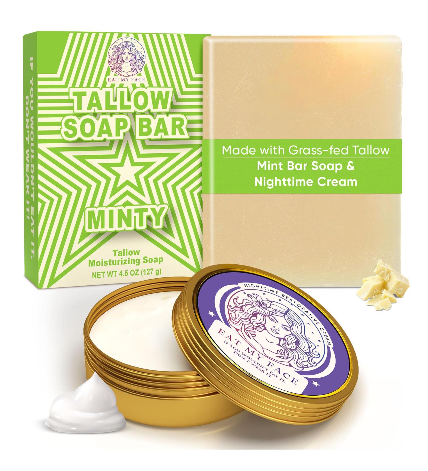 Grass-Fed Tallow Nighttime Cream and Natural Tallow Bar Soap Bundle - Restorative Cream Overnight Moisturizer Lavender Scent - Minty Refreshing & Revitalizing for All Skin Types - 4 oz & 4.5 oz - Buy Online on GoSupps.com