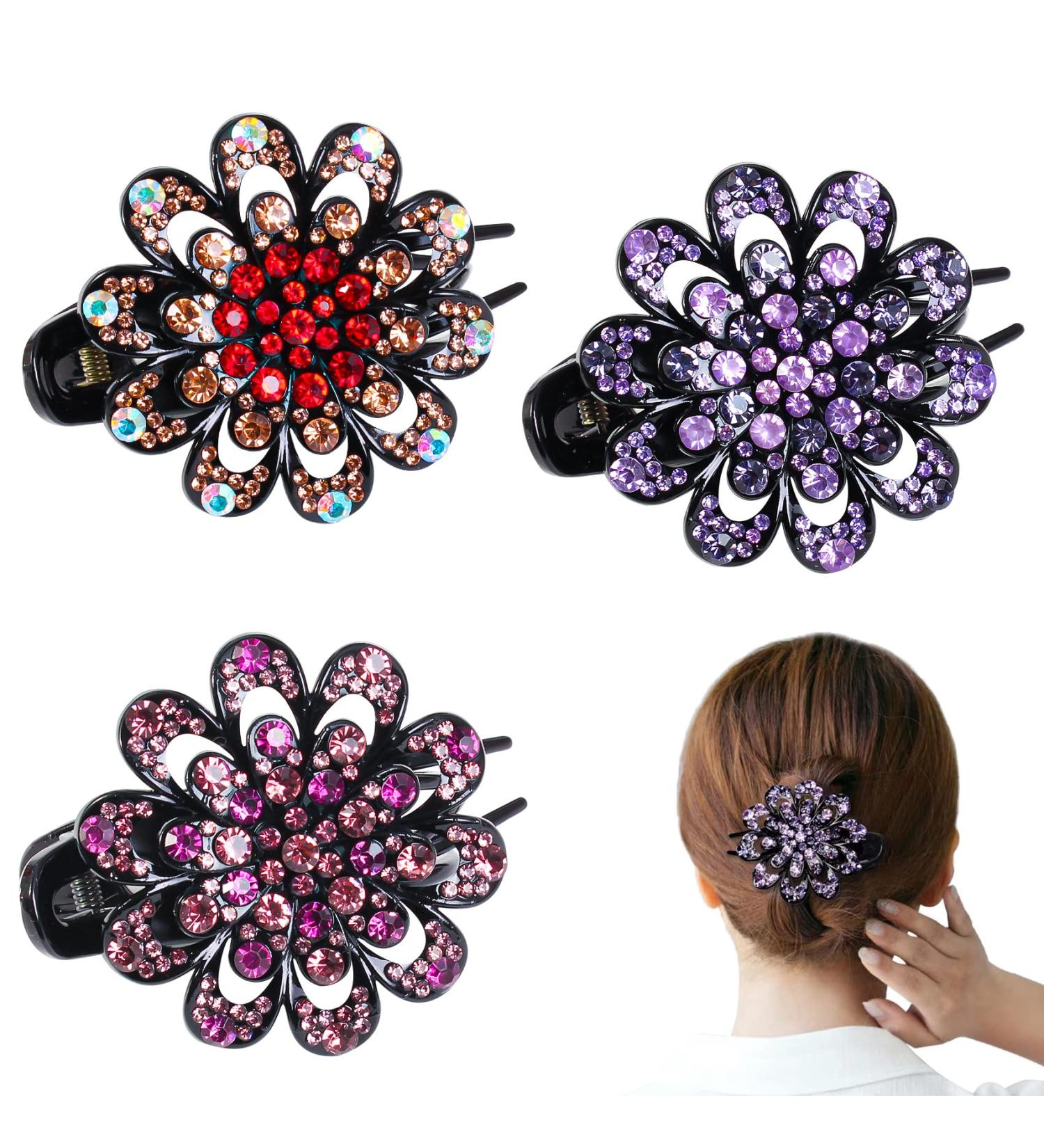 WYCHUN 3PCS French Curved Duckbill Hair Clips - Flower Rhinestone Barrettes for Women | Multi-colored - Buy Online on GoSupps.com