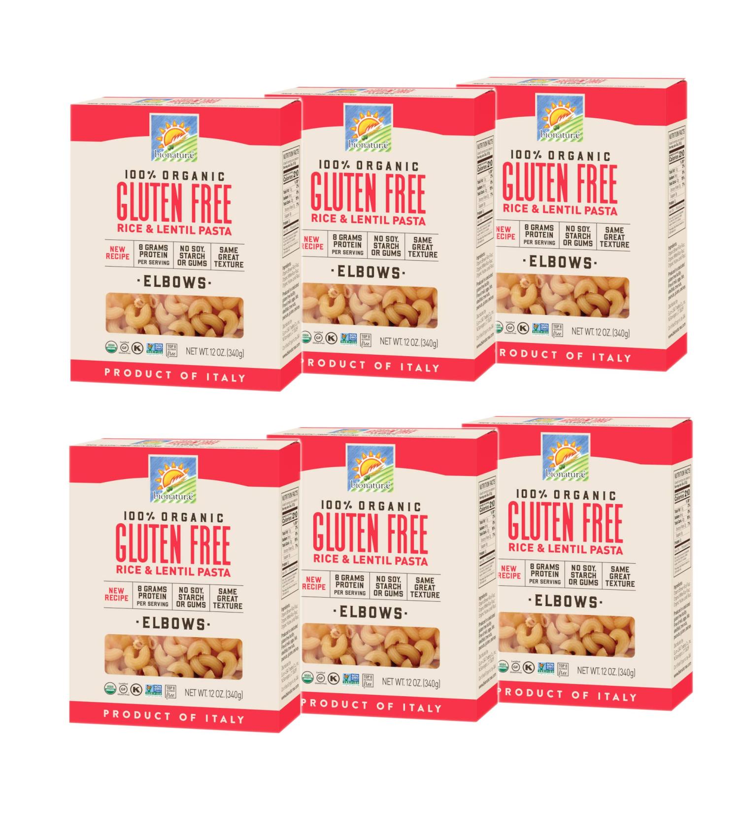 Bionaturae Organic Rice & Lentil Elbows Pasta - Gluten-Free, Non-GMO, Kosher - Made in Italy - 12 oz (Pack of 6) - Buy Online on GoSupps.com