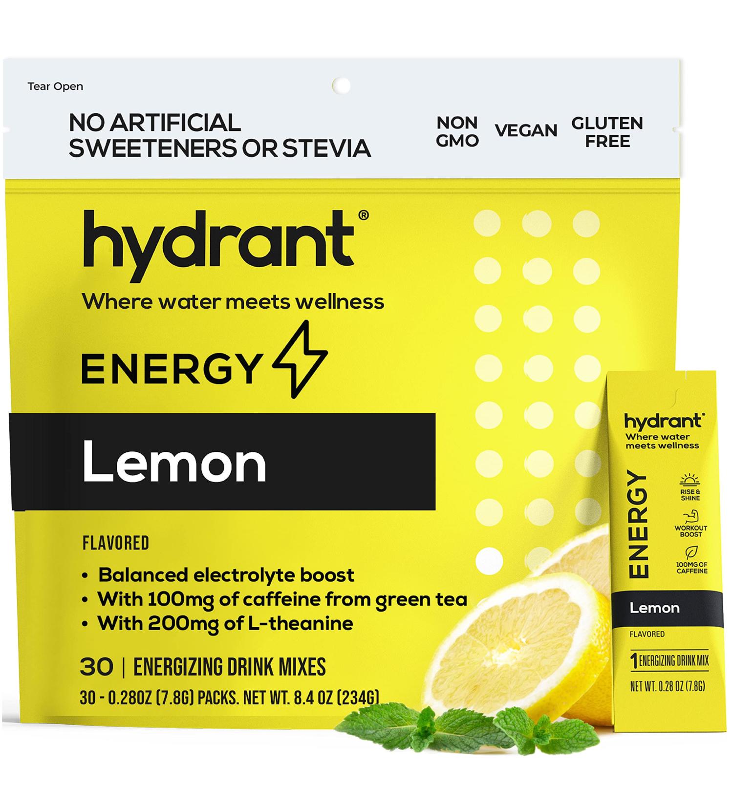 Hydrant ENERGY Lemonade Hydration Mix 30 Stick Pack - Electrolyte Powder Packets with Caffeine, L-Theanine, Zinc for Rapid Hydration - 30 Count - Buy Online on GoSupps.com