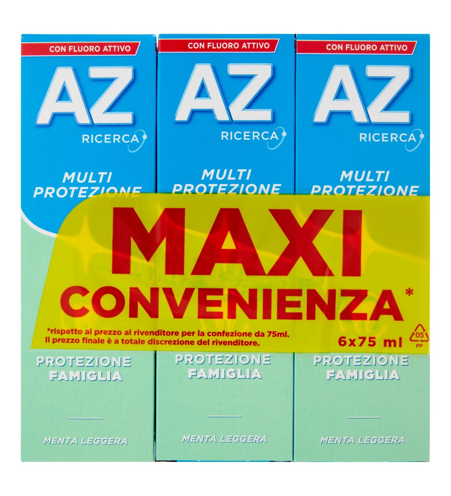 AZ RICERCA AZ Multi Protection toothpaste ideal for the whole family deep cleaning mint flavor maxi size of 6 packs x 75 ml