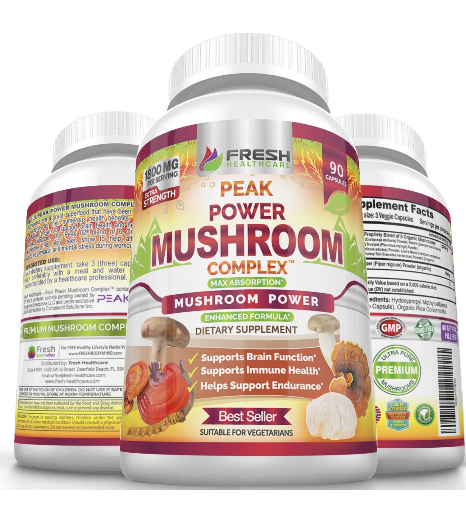 FRESH HEALTHCARE Peak Power Mushroom Supplement - 90 Vegan Capsules for Immune & Brain Support with Lions Mane, Cordyceps, Reishi, Turkey Tail, and Shiitake - Buy Online on GoSupps.com