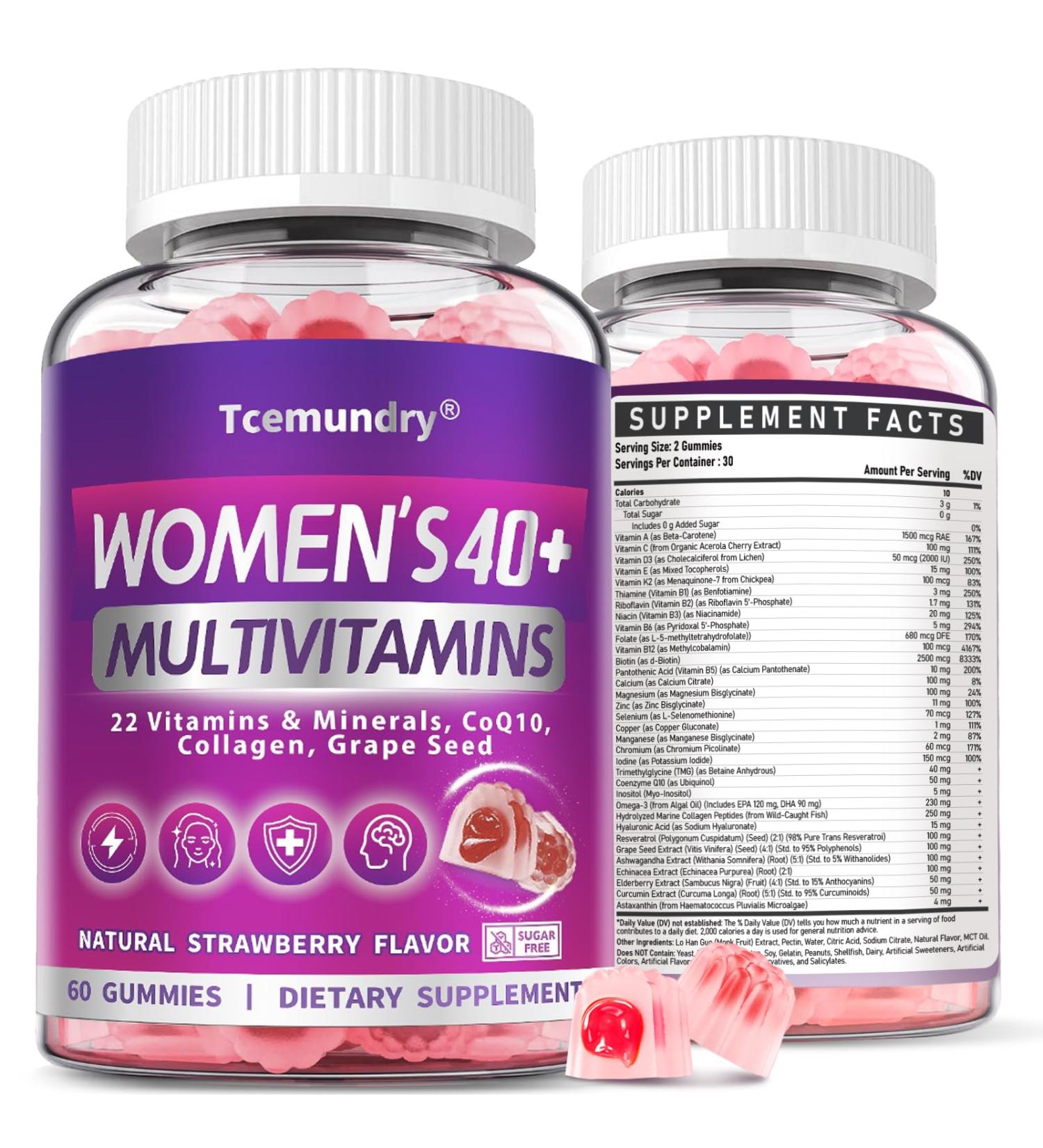 Methylated Multivitamin for Women 40+: Womens Multivitamin Gummy with Biotin CoQ10 Collagen Grape Seed Vitamins A C D E B Complex for Energy Beauty Immune - Vegan Sugar Free 60 Gummies Strawberry 60 Count (Pack of 1)