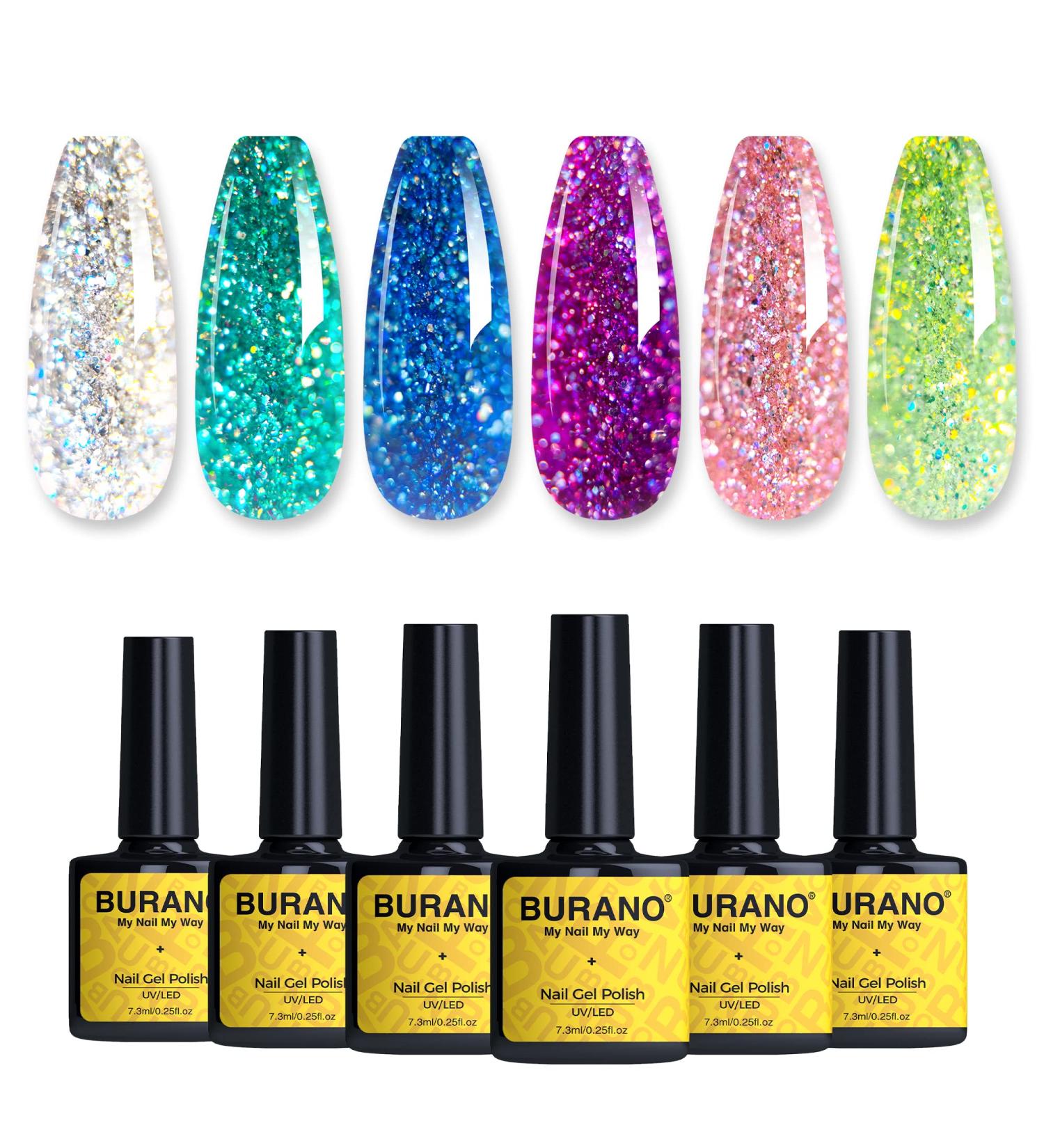 BURANO Glitter Gel Nail Polish Set - 6 Colors UV LED Soak Off Collection with Gift Box - Buy Online on GoSupps.com