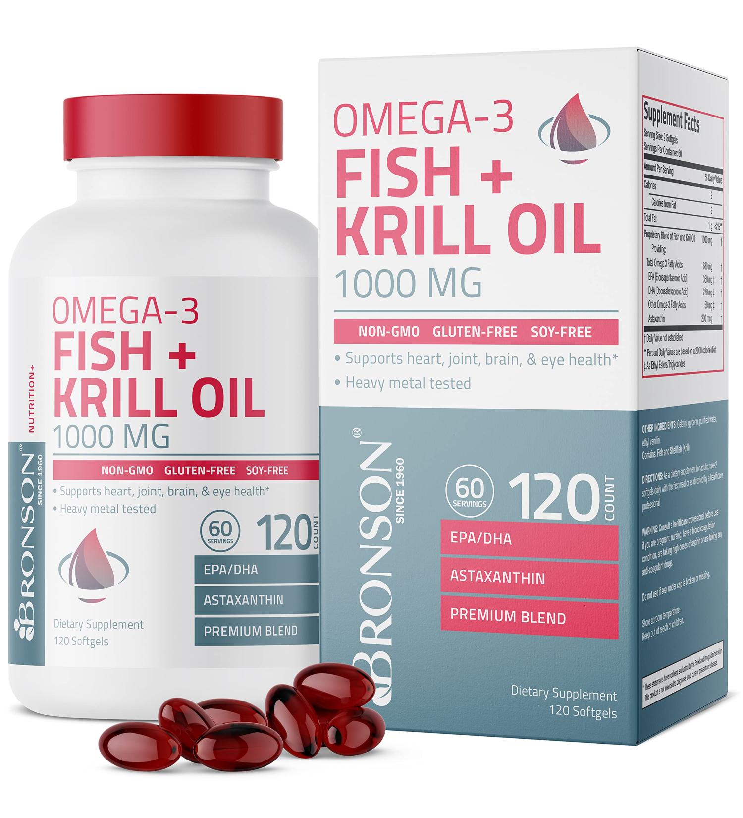 Bronson Omega-3 Fish + Krill Oil 1000 MG EPA DHA Astaxanthin Premium Blend - 120 Softgels - Buy Online on GoSupps.com