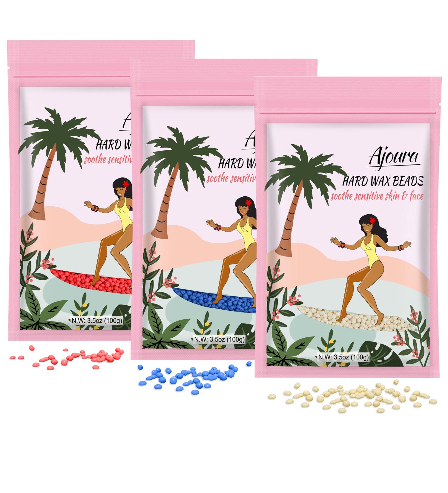 300g Ajoura Wax Beads for Hair Removal Kit - Hard Wax for Full Body, Brazilian, Face, Armpit, Leg, Back, Chest - At-Home Waxing Beads for Women & Men (Pink/Off-White/Blue) - Buy Online on GoSupps.com