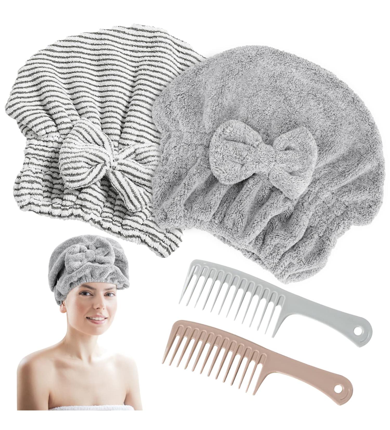 2 Pack Microfiber Hair Towel Cap - Quick Drying Soft & Absorbent for Curly Long Hair | Includes 2 Combs - Stripe and Gray - Buy Online on GoSupps.com