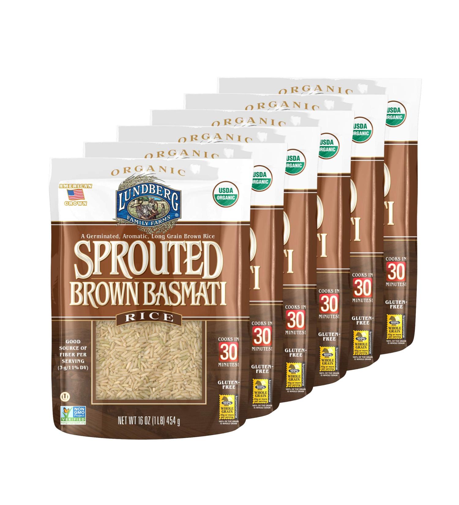 Lundberg Family Farms Organic Sprouted Brown Basmati Rice 16 oz 6-Pack - 100% Whole Grain, Non-GMO, Gluten-Free, USDA Certified Organic, Vegan, Kosher - Germinated & Aromatic, 30-Minute Cook Time - Buy Online on GoSupps.com