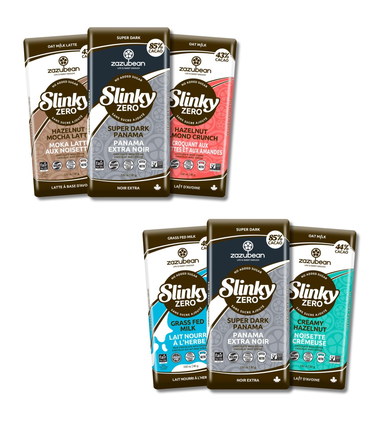 Zazubean SLINKY Chocolate bars - No Added Sugar NON-GMO Fair trade Gluten free Soy Free (Variety Pack 1 Count (Pack of 6)) Variety Pack 80 g (Pack of 6) - Buy Online on GoSupps.com