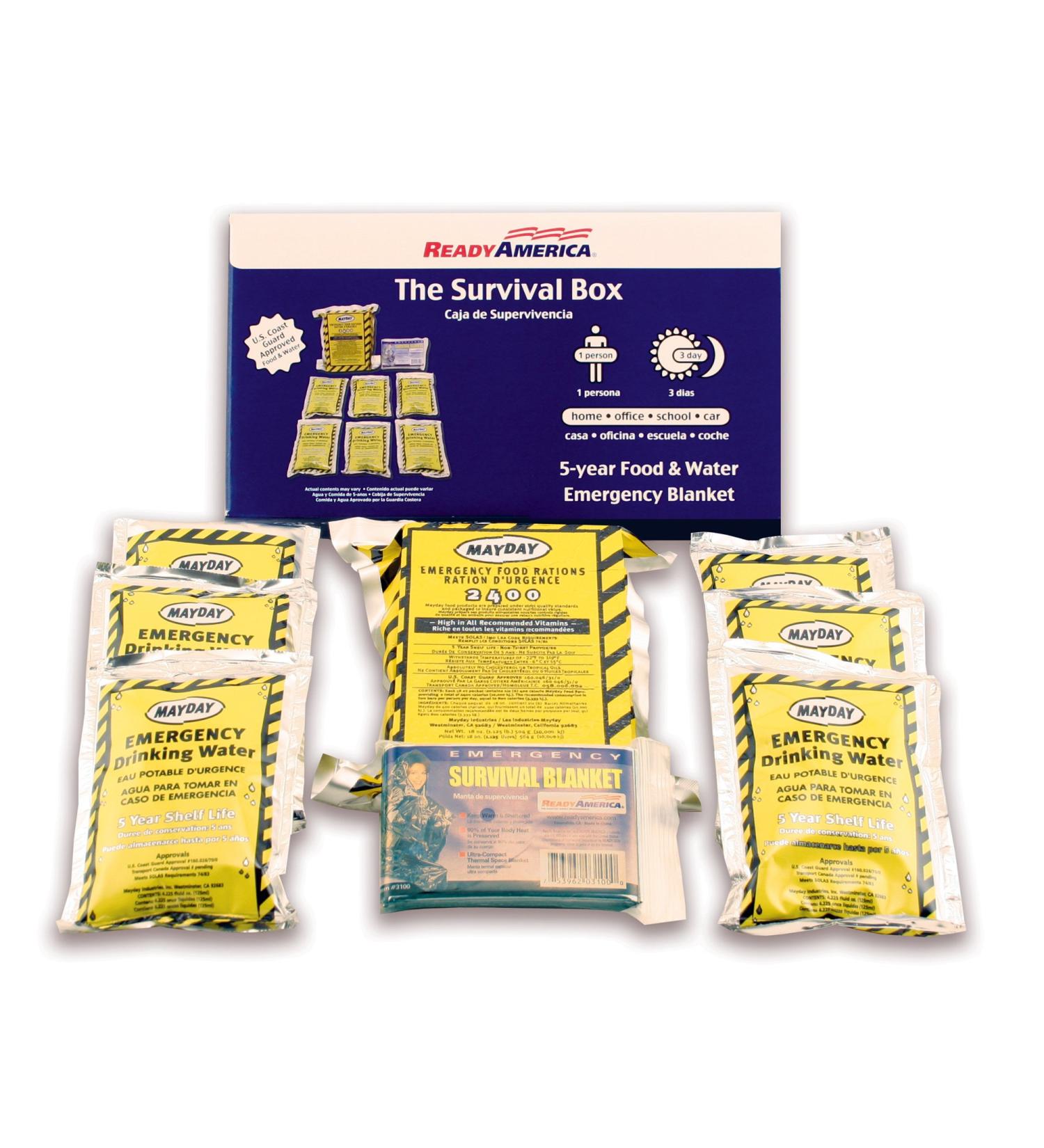 Ready America The Survival Box, 1-Person, 3-Day Emergency Kit Includes 5 Year Emergency Food, Water, Emergency Blanket Portable Disaster Preparedness Go-Bag for Earthquake, Fire, Flood, Hurricane