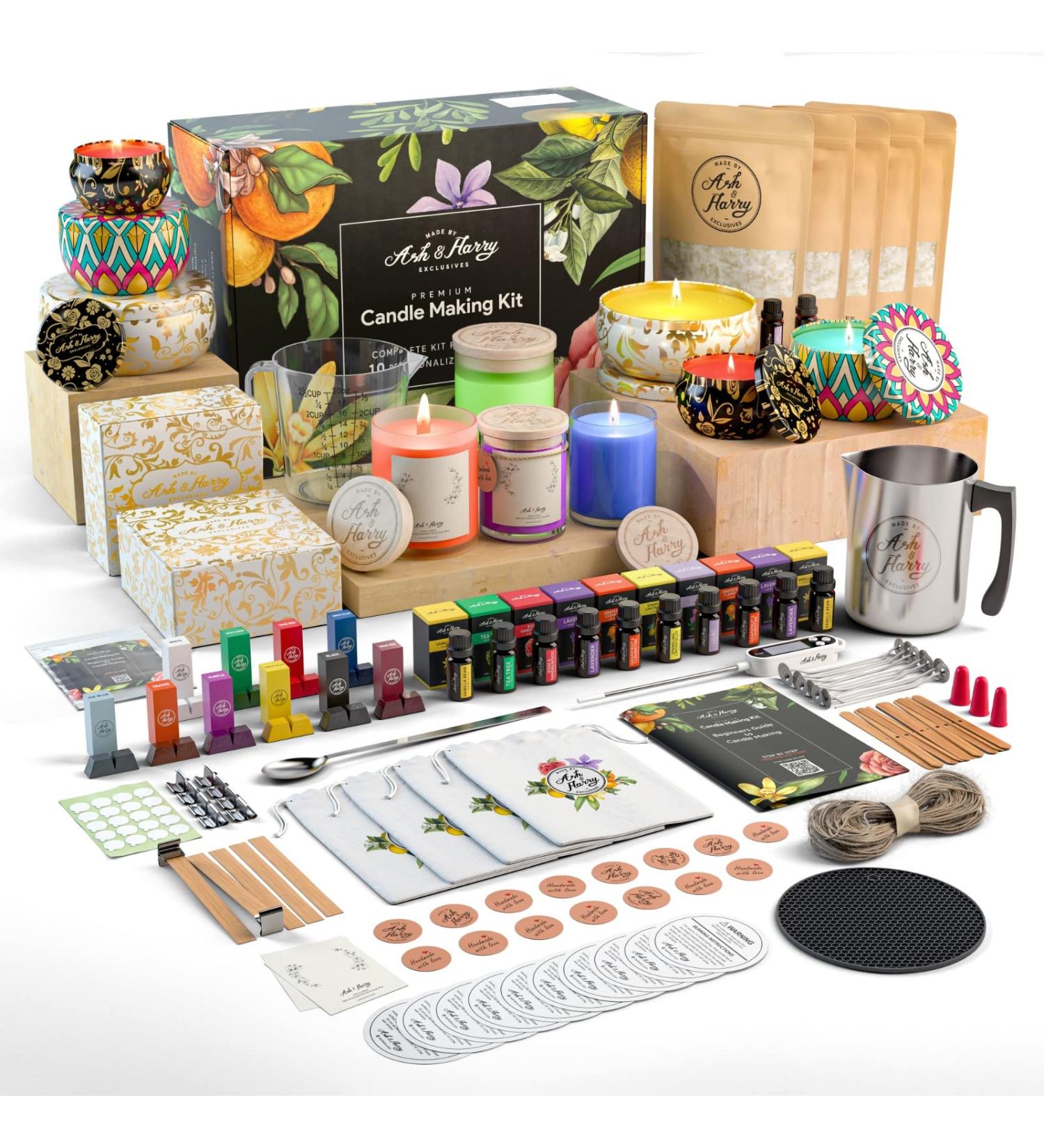 ASH & HARRY Premium Candle Making Kit - Complete DIY Starter Set with Soy Wax, Designer Jars, and 10 Fragrances - Candle Maker Dyes included - Buy Online on GoSupps.com