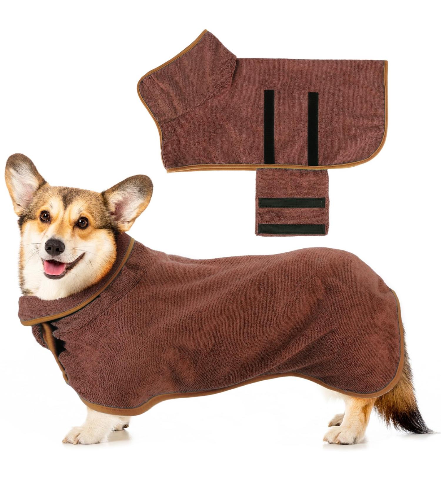 Microfiber Dog Bathrobe Towel | Extra Absorbent Fast-Drying Dog Bathing Robe with Adjustable Straps | Perfect for Small & Large Dogs (Brown - S) - Buy Online on GoSupps.com