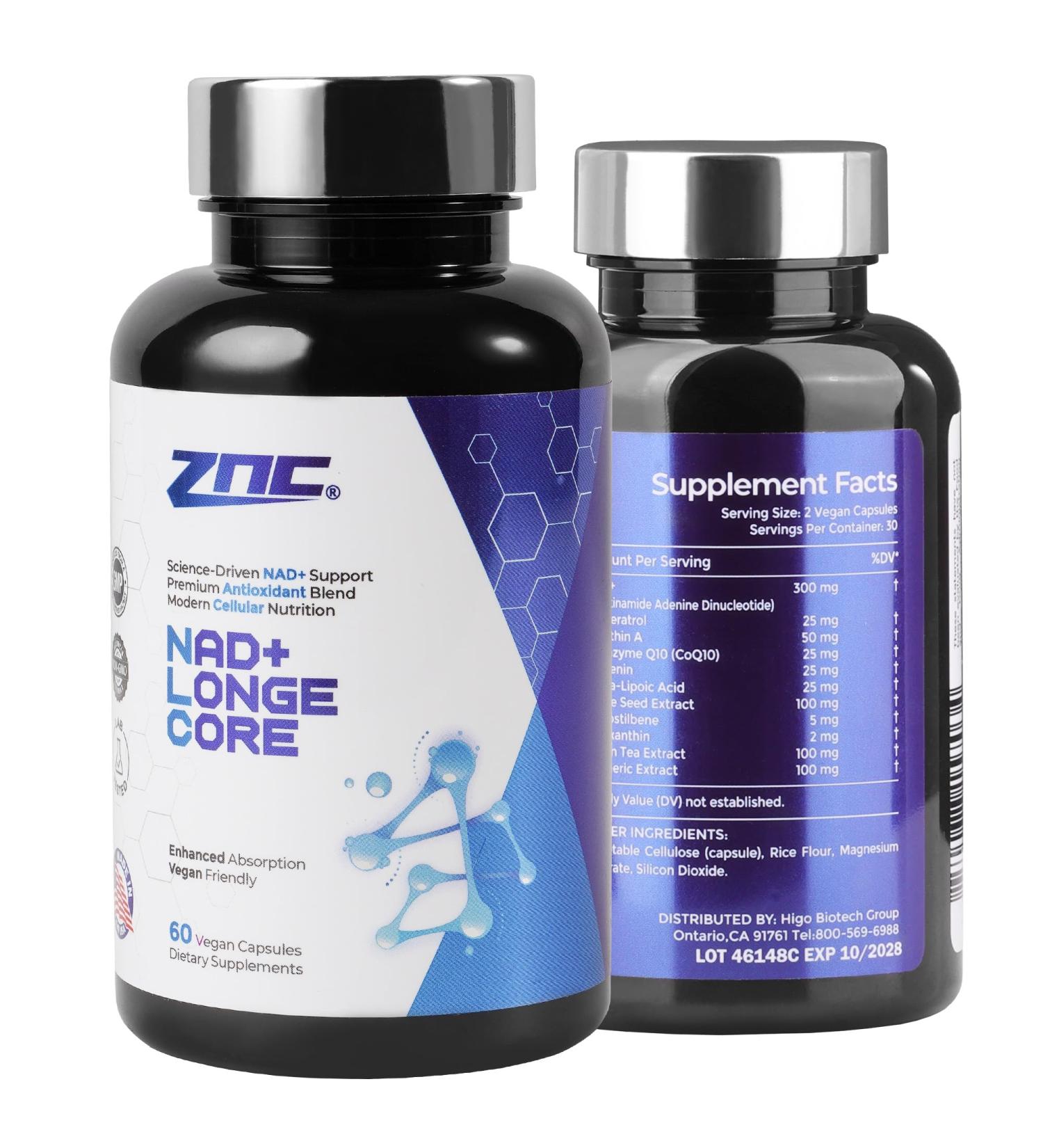 ZNC 10-in-1 NAD+ Supplement with Liposomal NAD Urolithin A & Resveratrol for Energy & Cellular Repair - 60 Vegan Capsules - Buy Online on GoSupps.com