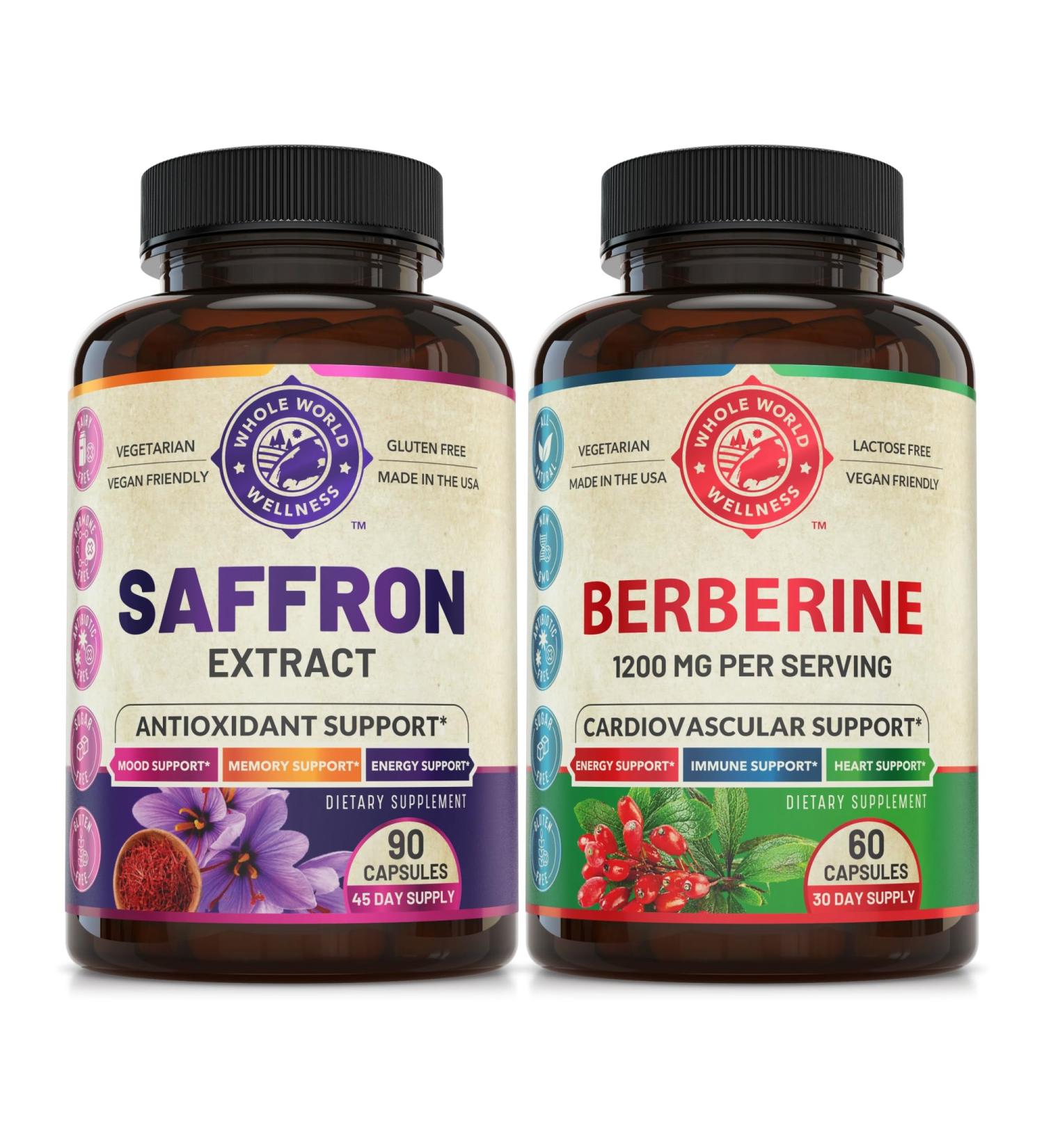 WHOLE WORLD WELLNESS Pure Saffron Extract & Premium Berberine Bundle (One Bottle Each). Supports Mood Energy Boost Metabolic Function. USA Made. - Buy Online on GoSupps.com